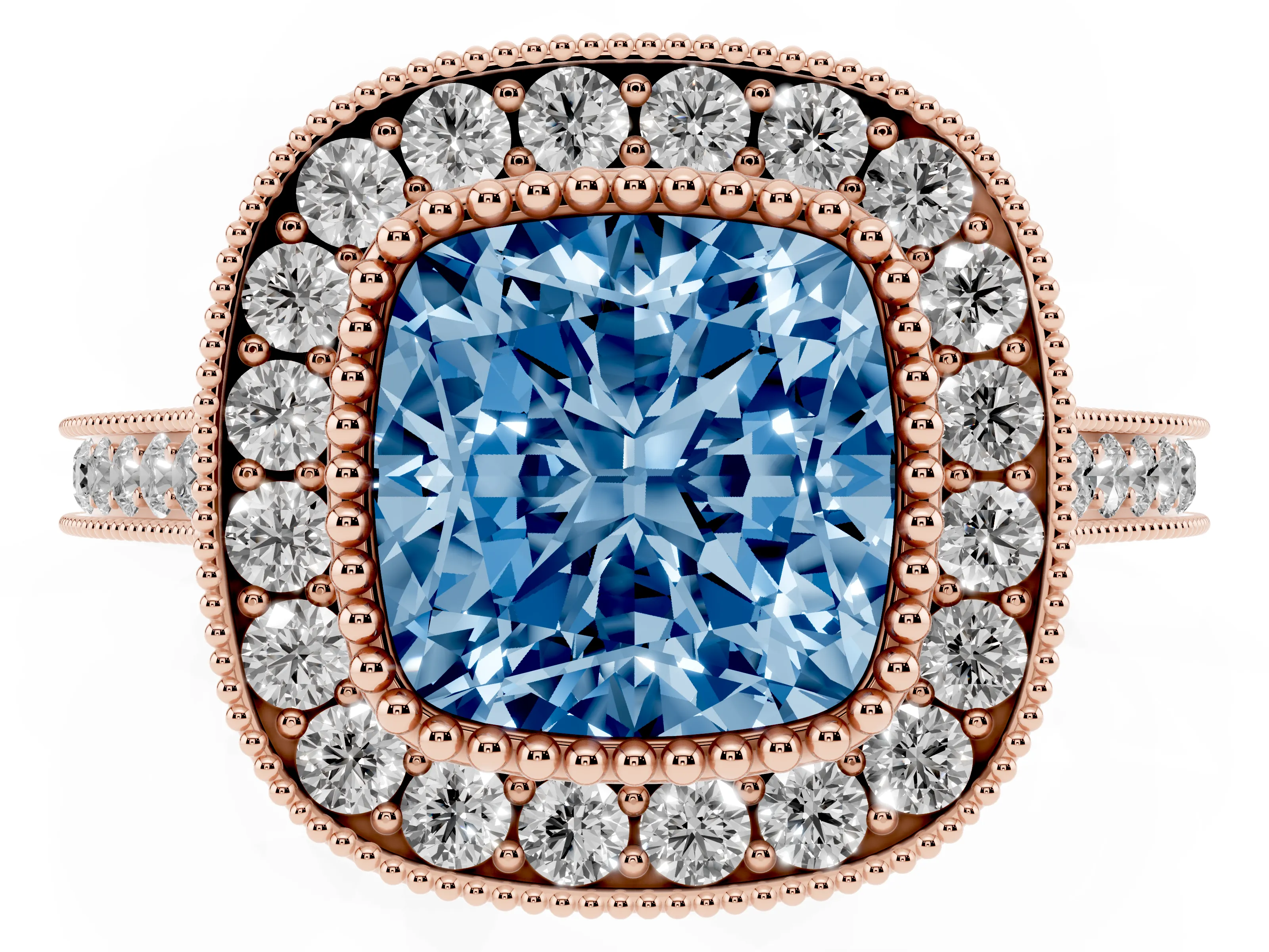 Fancy Blue Cushion Cut Diamond Halo Ring Set in Rose gold with Milgrain Frame and Pavé Band