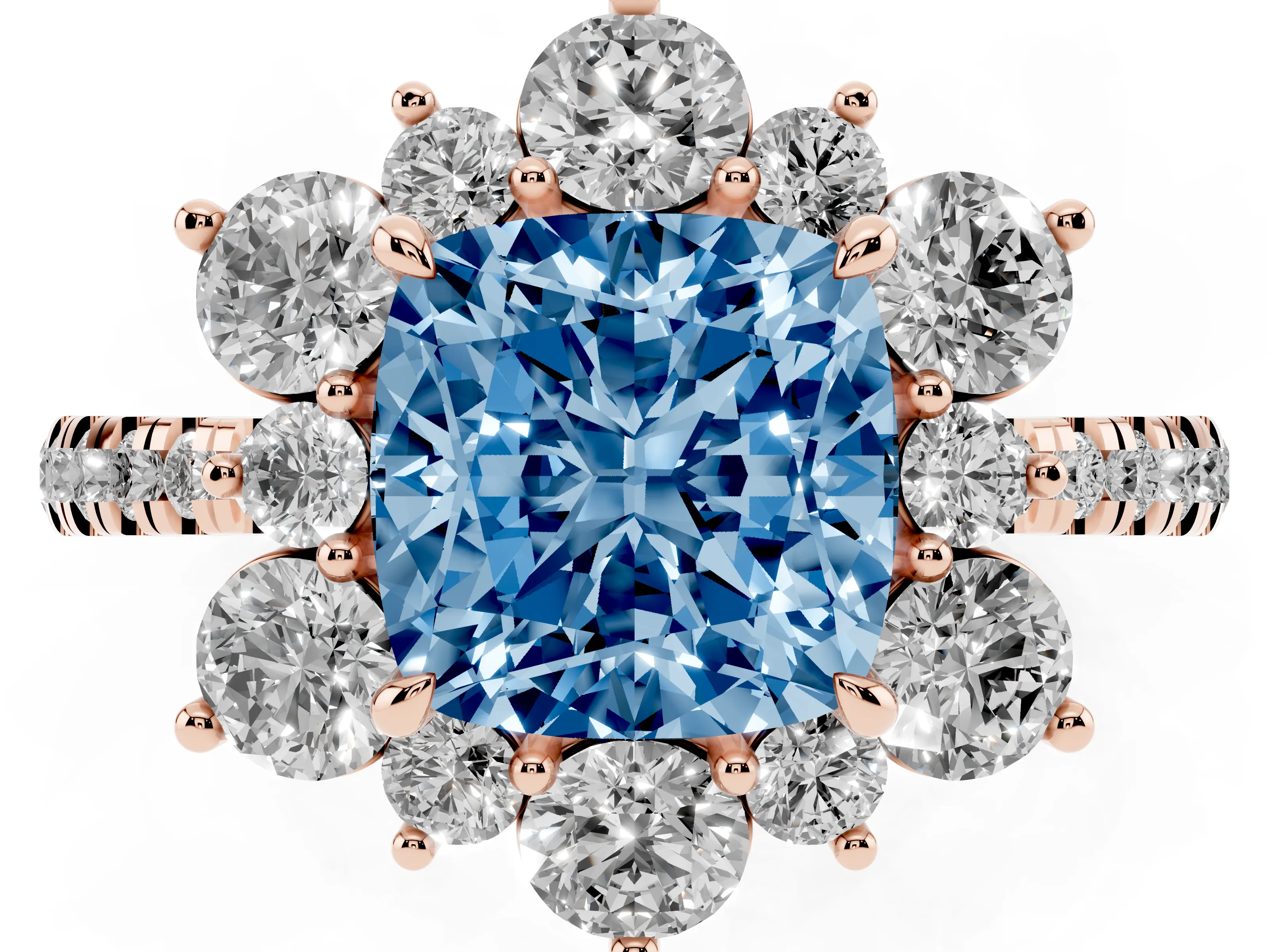Fancy Blue Cushion Cut Diamond Floral Halo Ring Set in Rose gold with Round Pavé Band and Prong Setting