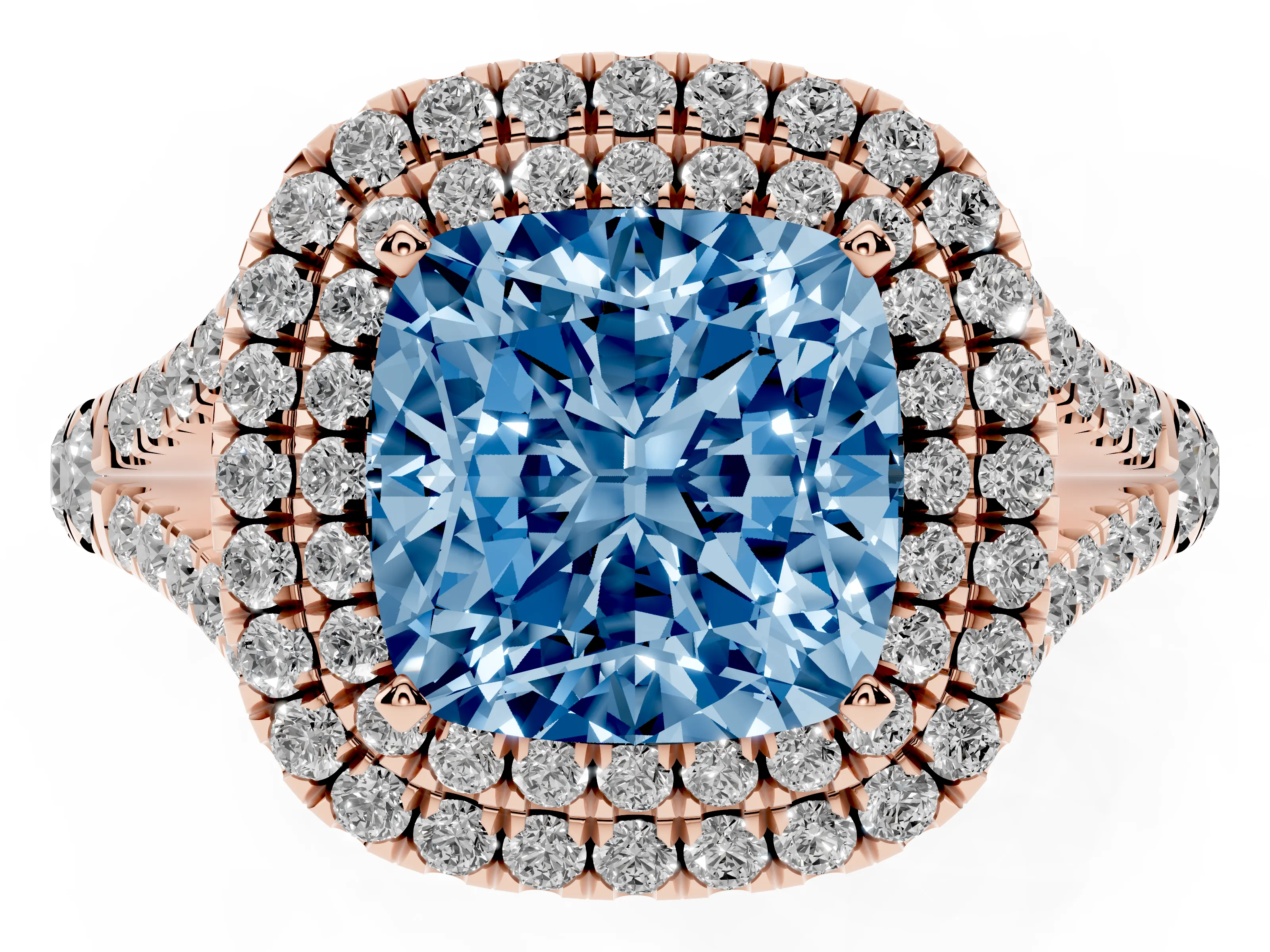 Fancy Blue Cushion Cut Diamond Pavé Split Shank Double Halo Engagement Ring Set in Rose gold