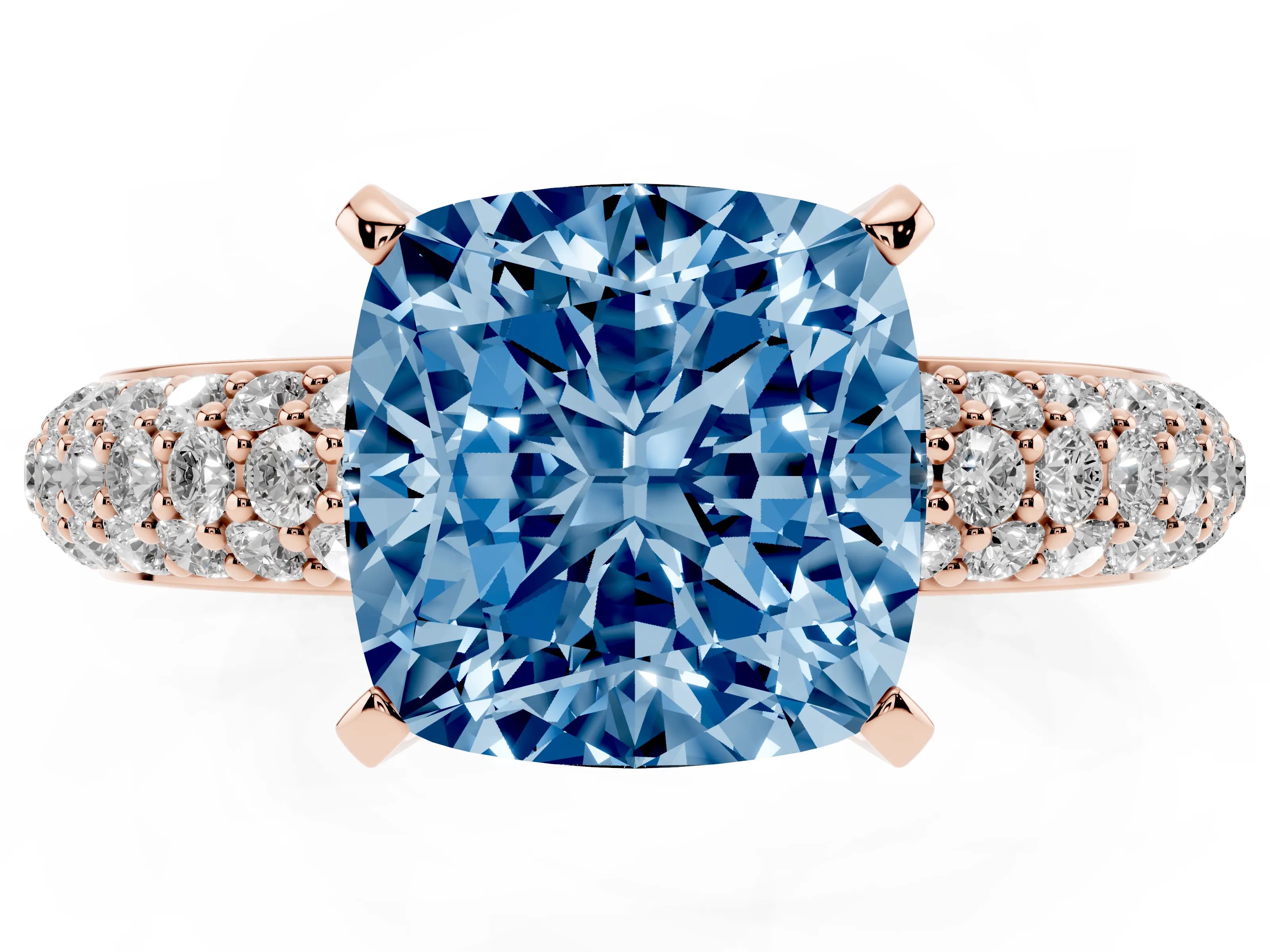 Fancy Blue Cushion Cut Diamond Solitaire Ring Set in Rose gold with Prong Setting and Pavé-Set Band