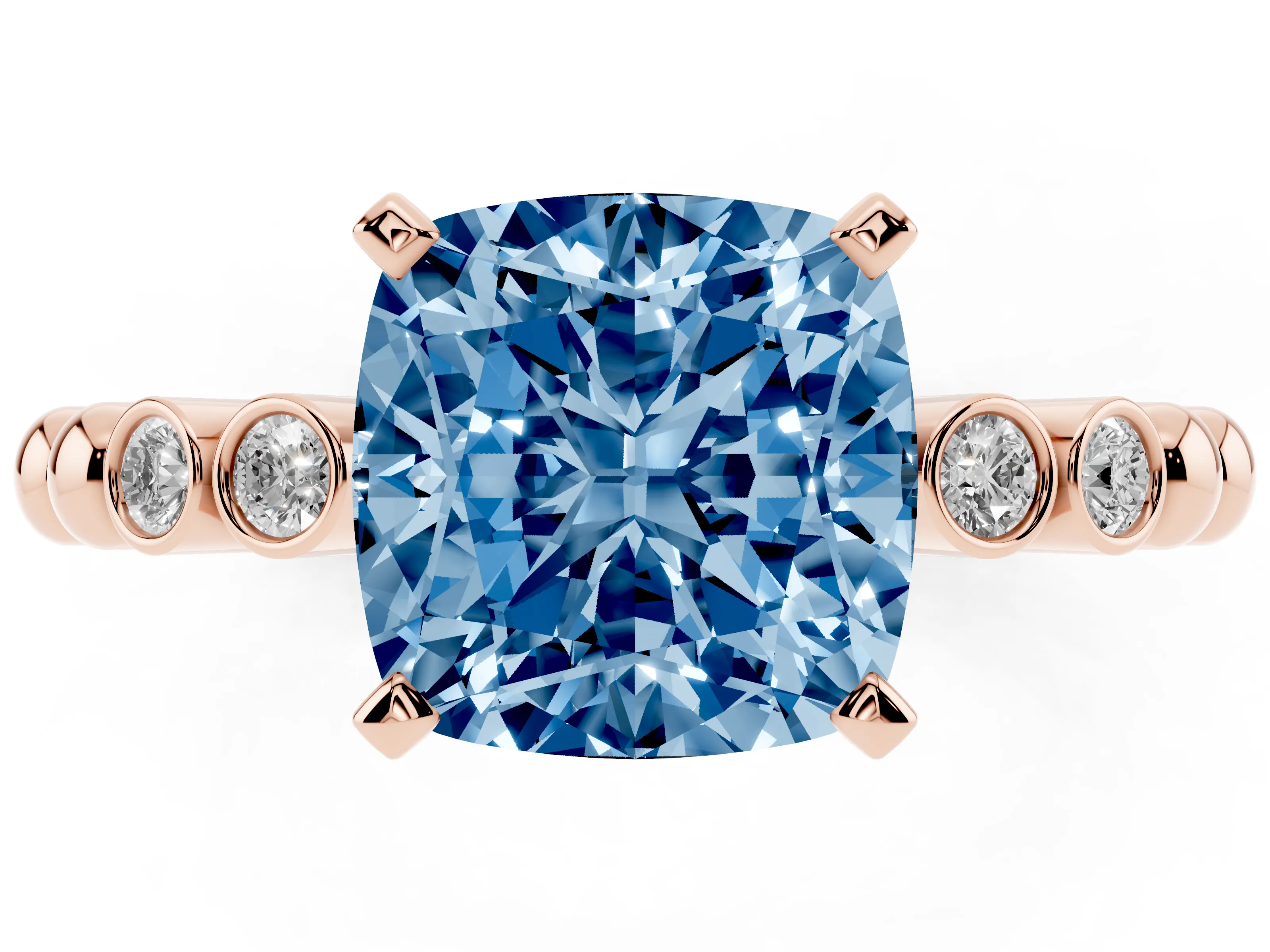 Fancy Blue Cushion Cut Diamond Solitaire Engagement Ring Set in Rose gold with Bezel Accents on Beaded Band