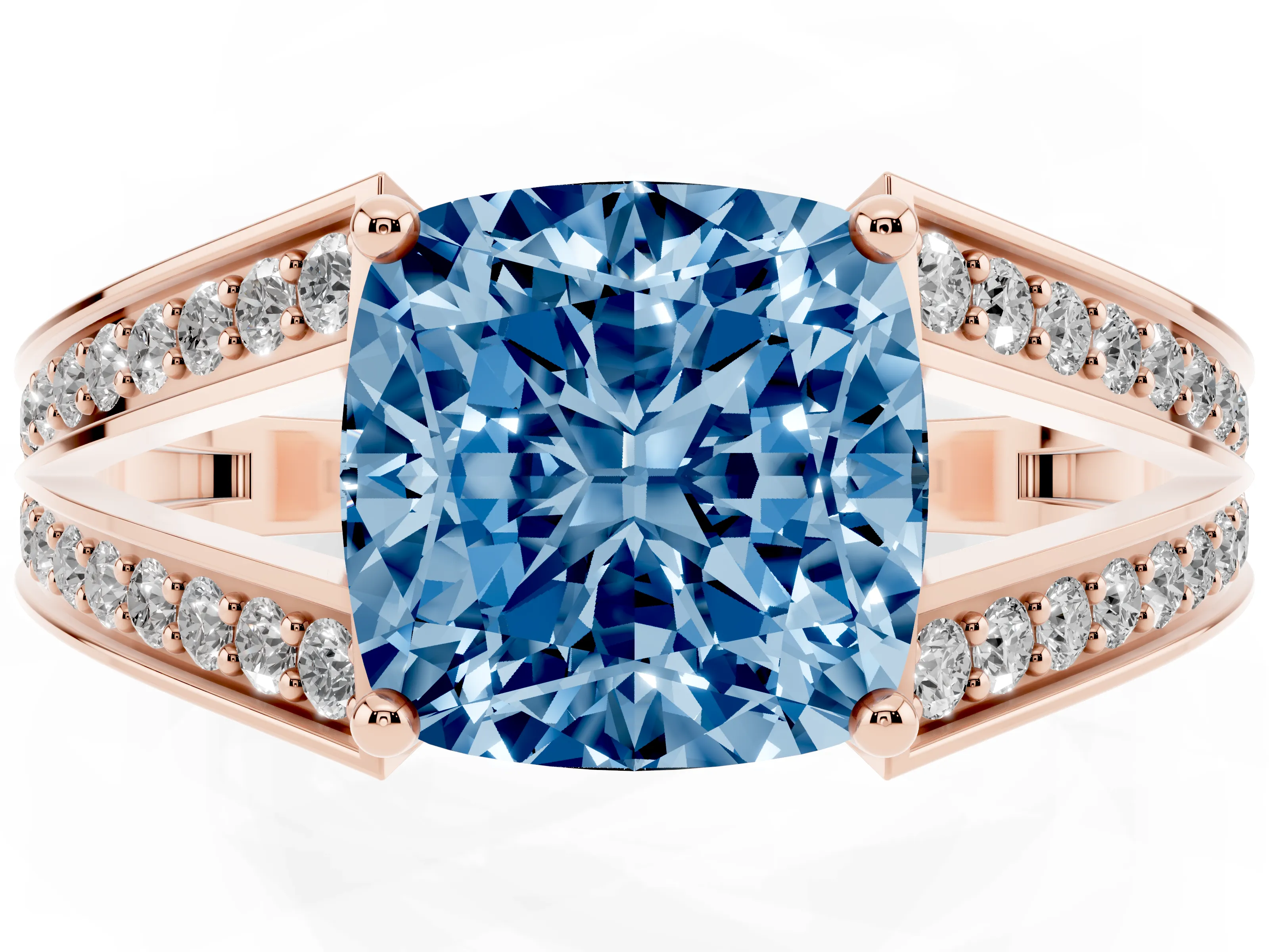 Fancy Blue Cushion Cut Diamond Split Shank Ring Set in Rose gold with Pavé Band and Prong Setting