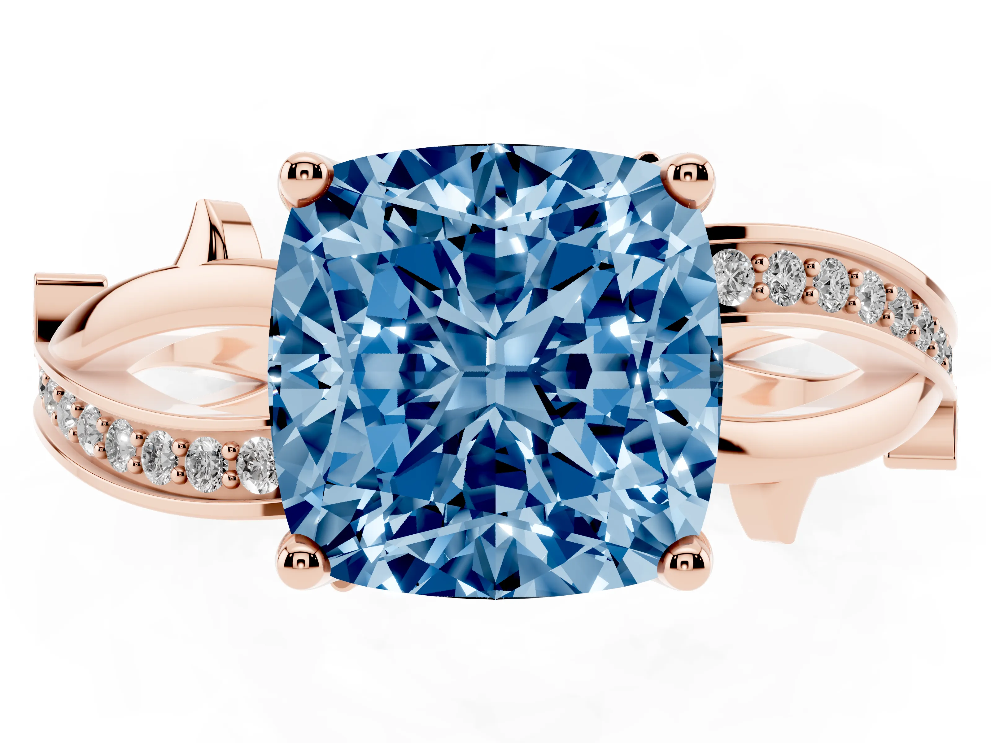 Fancy Blue Cushion Cut Diamond Pavé Twist Band Solitaire Ring Set in Rose gold with Prong Setting