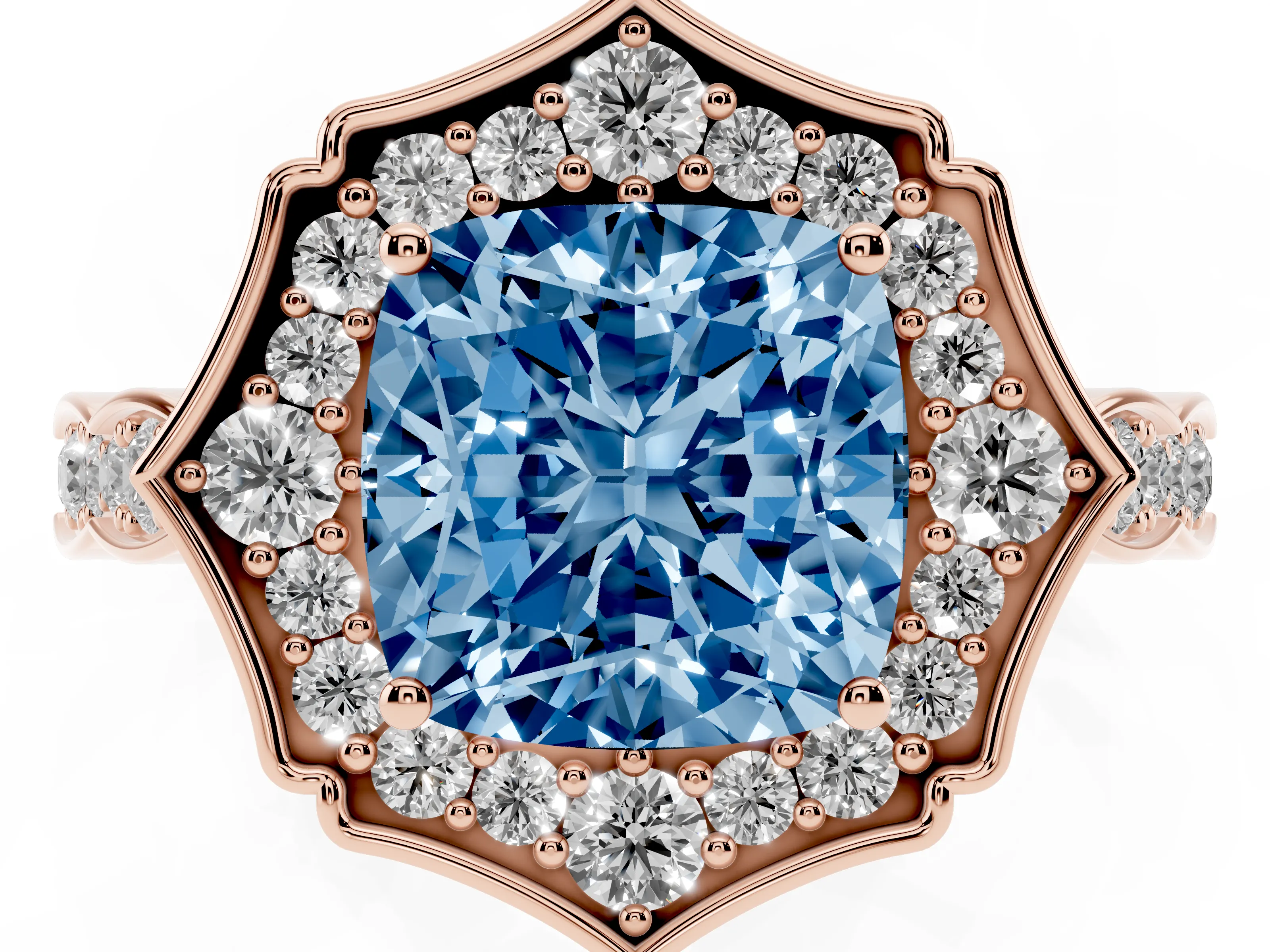 Fancy Blue Cushion Cut Diamond Halo Engagement Ring Set in Rose gold with Milgrain Band and Prong Setting