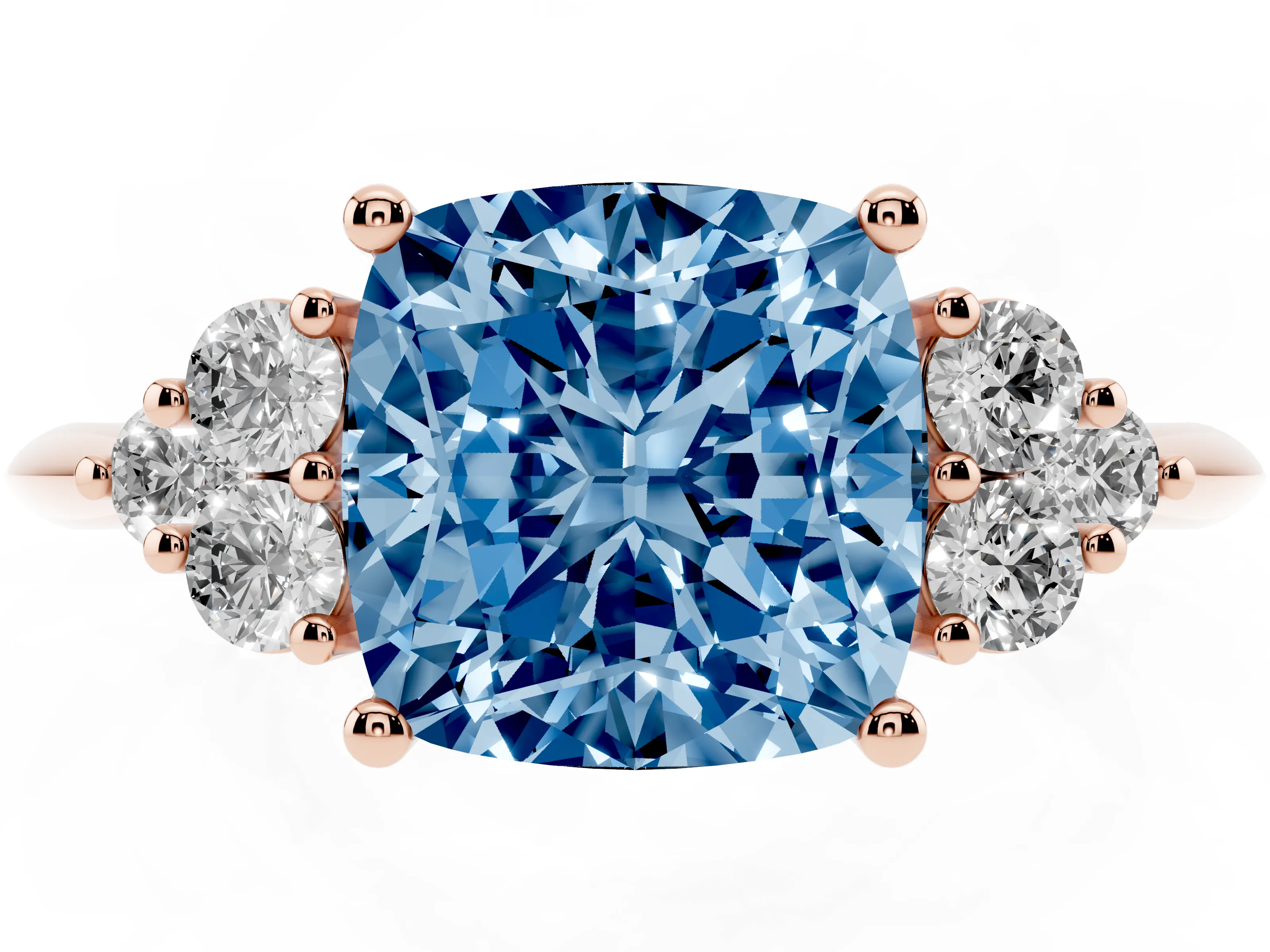 Fancy Blue Cushion Cut Diamond Cluster Ring Set in Rose gold with Plain Band and Prong Setting