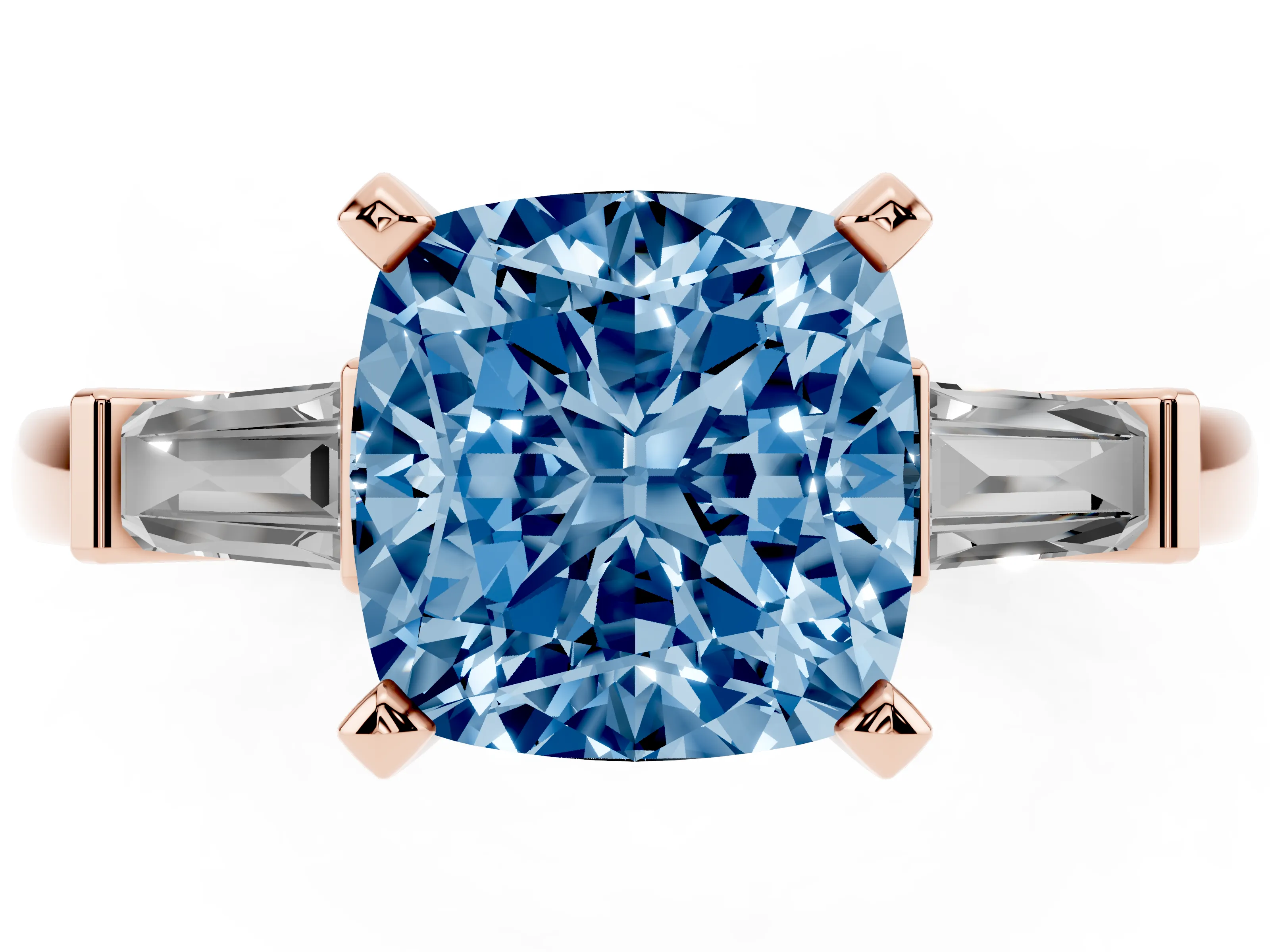 Fancy Blue Cushion Cut Diamond Solitaire Ring Set in Rose gold with Tapered Baguette Accents and Prong Setting