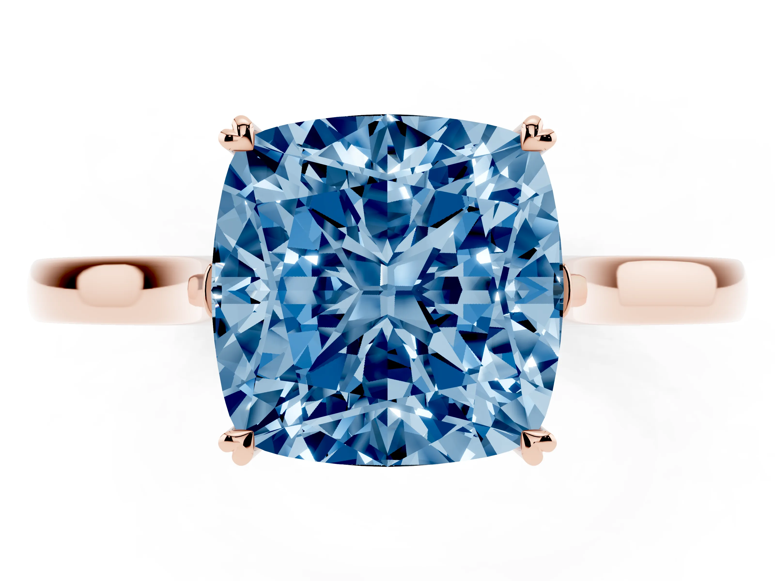 Fancy Blue Cushion Cut Diamond Solitaire Heart Prong Engagement Ring Set in Rose gold with Tapered Band