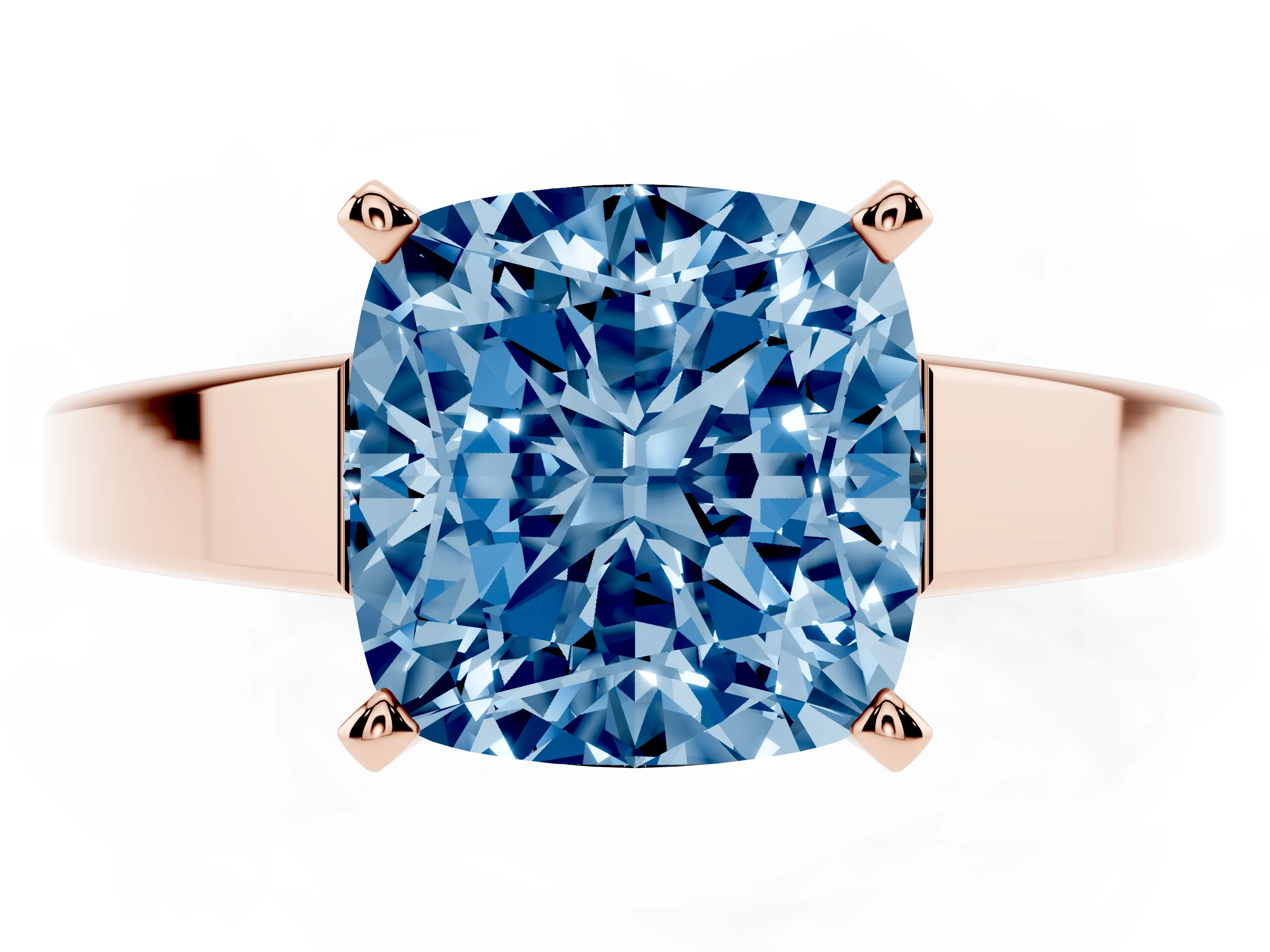 Fancy Blue Cushion Cut Diamond Solitaire Engagement Ring Set in Rose gold with Prong Setting and Tapered Band