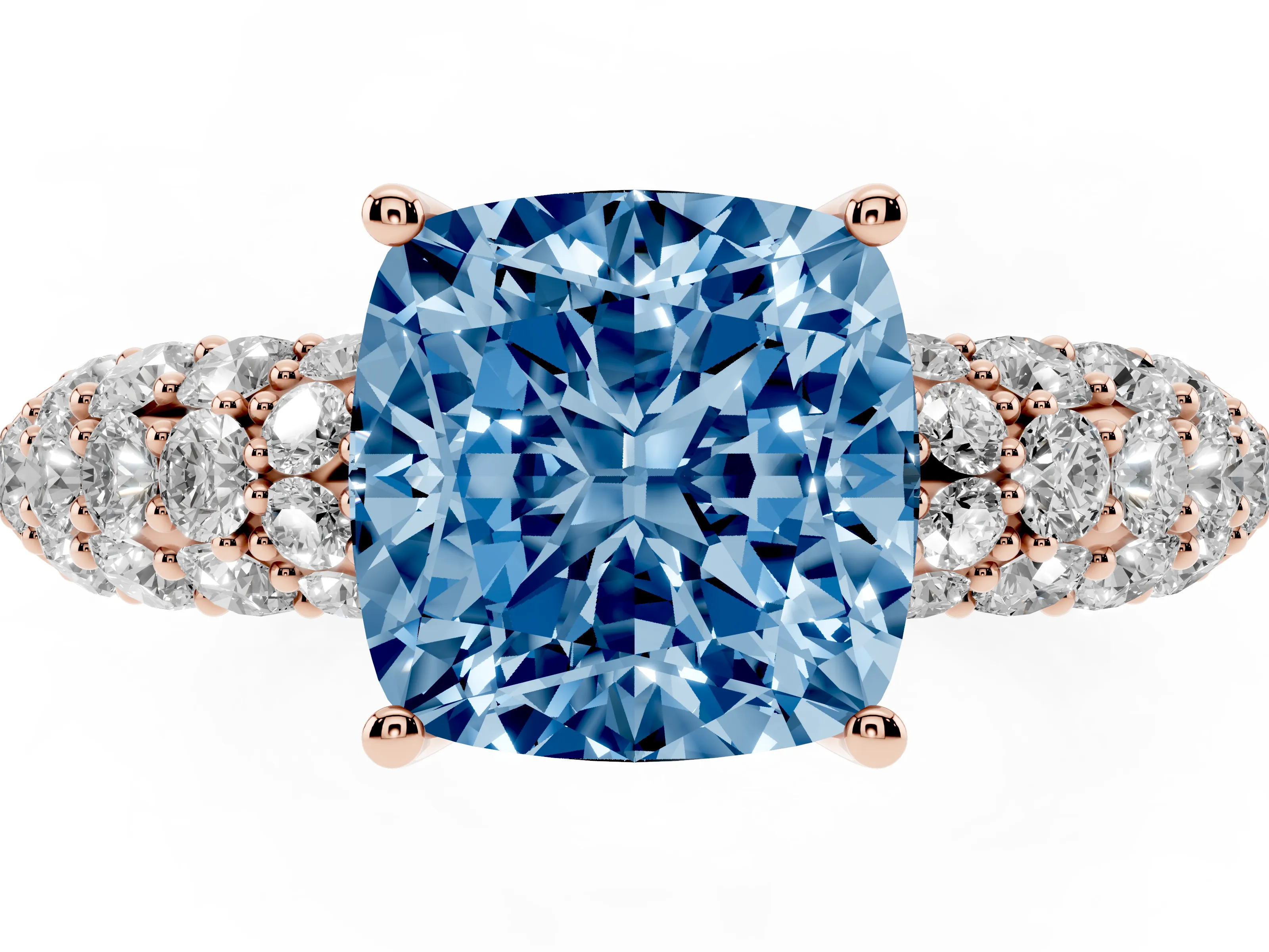 Fancy Blue Cushion Cut Diamond Pavé Band Solitaire Ring Set in Rose gold with Close-Set Accent Stones and Prong Setting