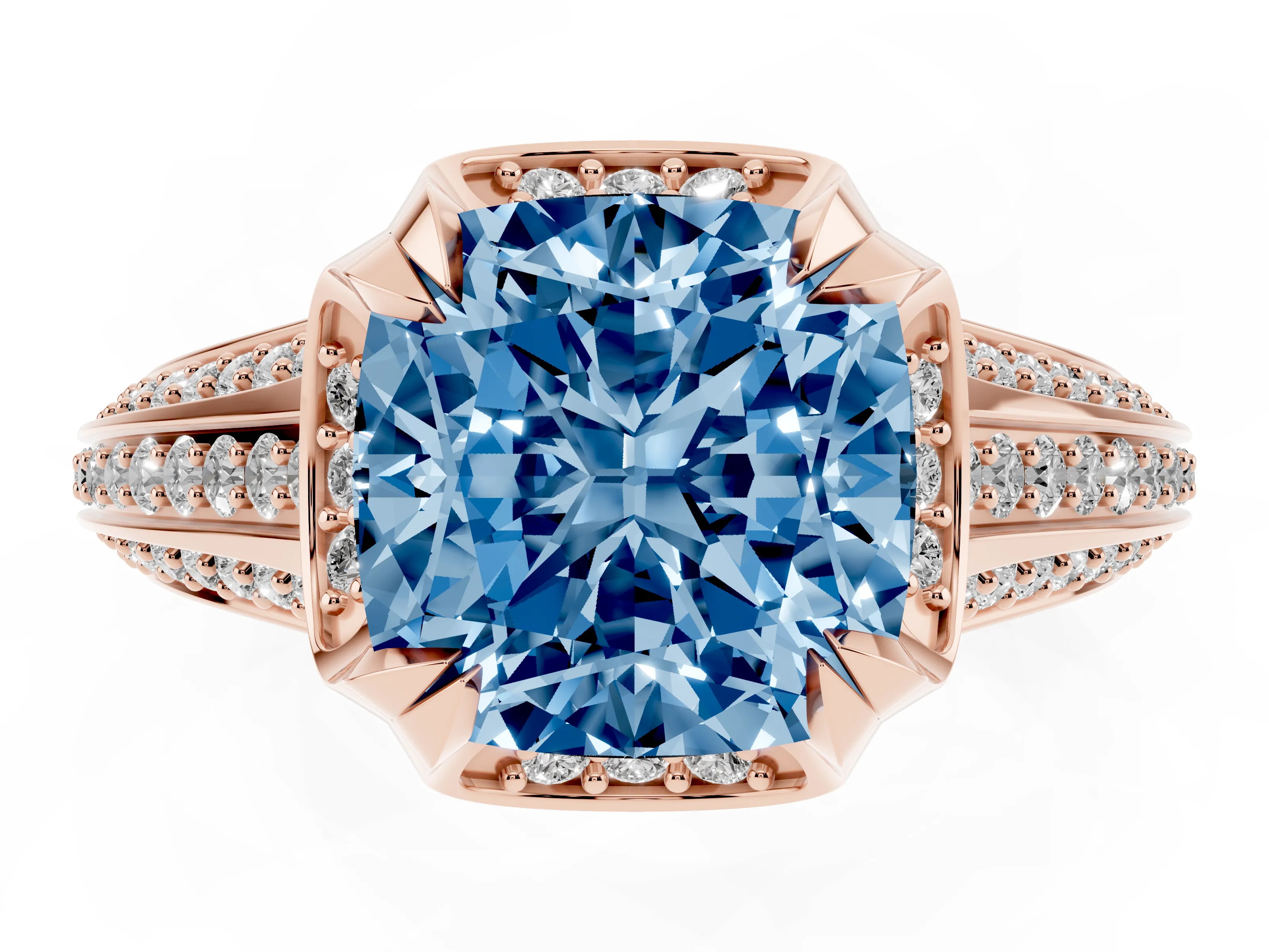Fancy Blue Cushion Cut Diamond Pavé Split Shank Solitaire Ring Set in Rose gold with Prong Setting