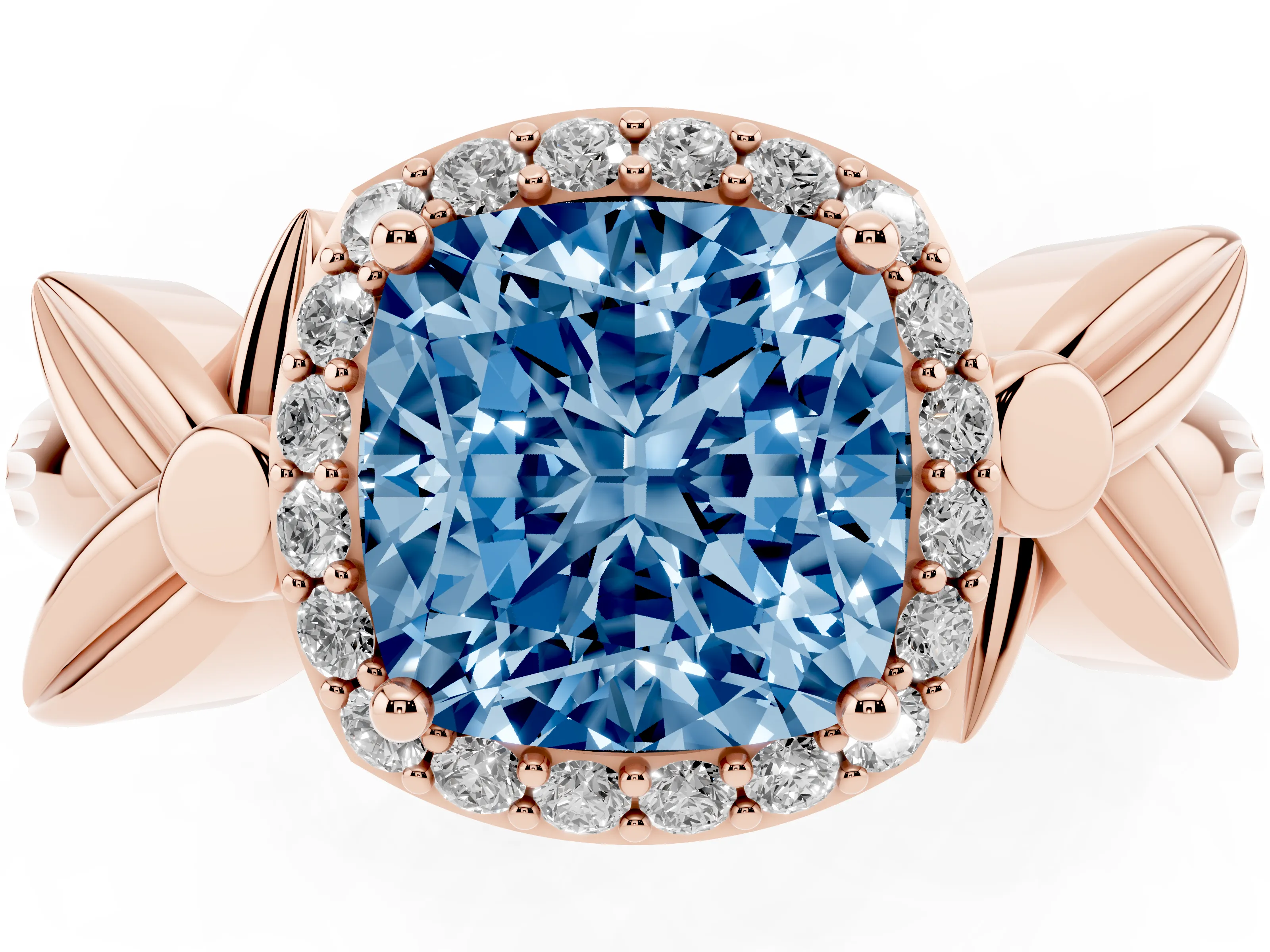 Fancy Blue Cushion Cut Diamond Halo Floral Band Ring Set in Rose gold with Prong Setting