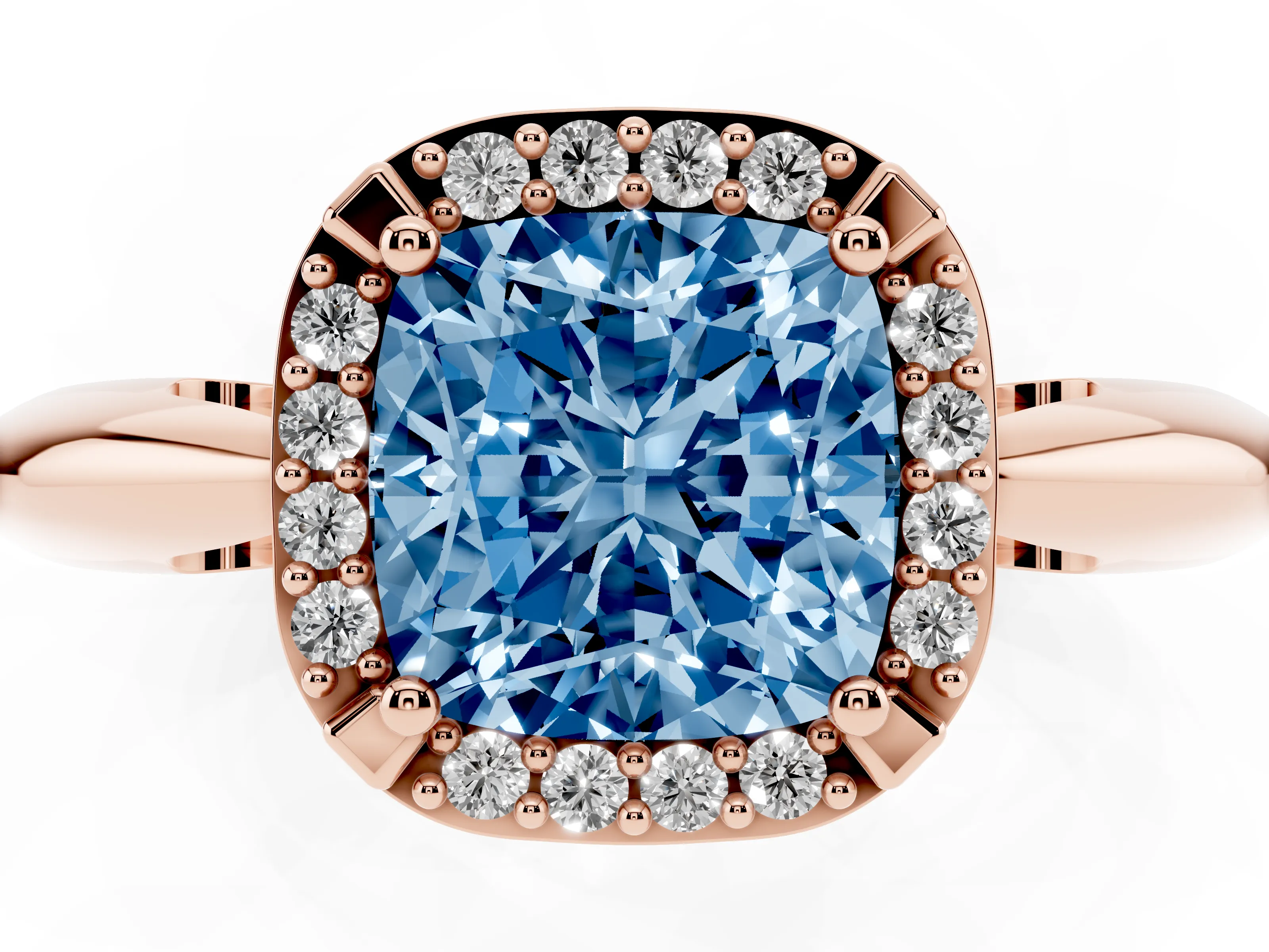 Fancy Blue Cushion Cut Diamond Halo Engagement Ring Set in Rose gold with Plain Split Shank and Prong Setting
