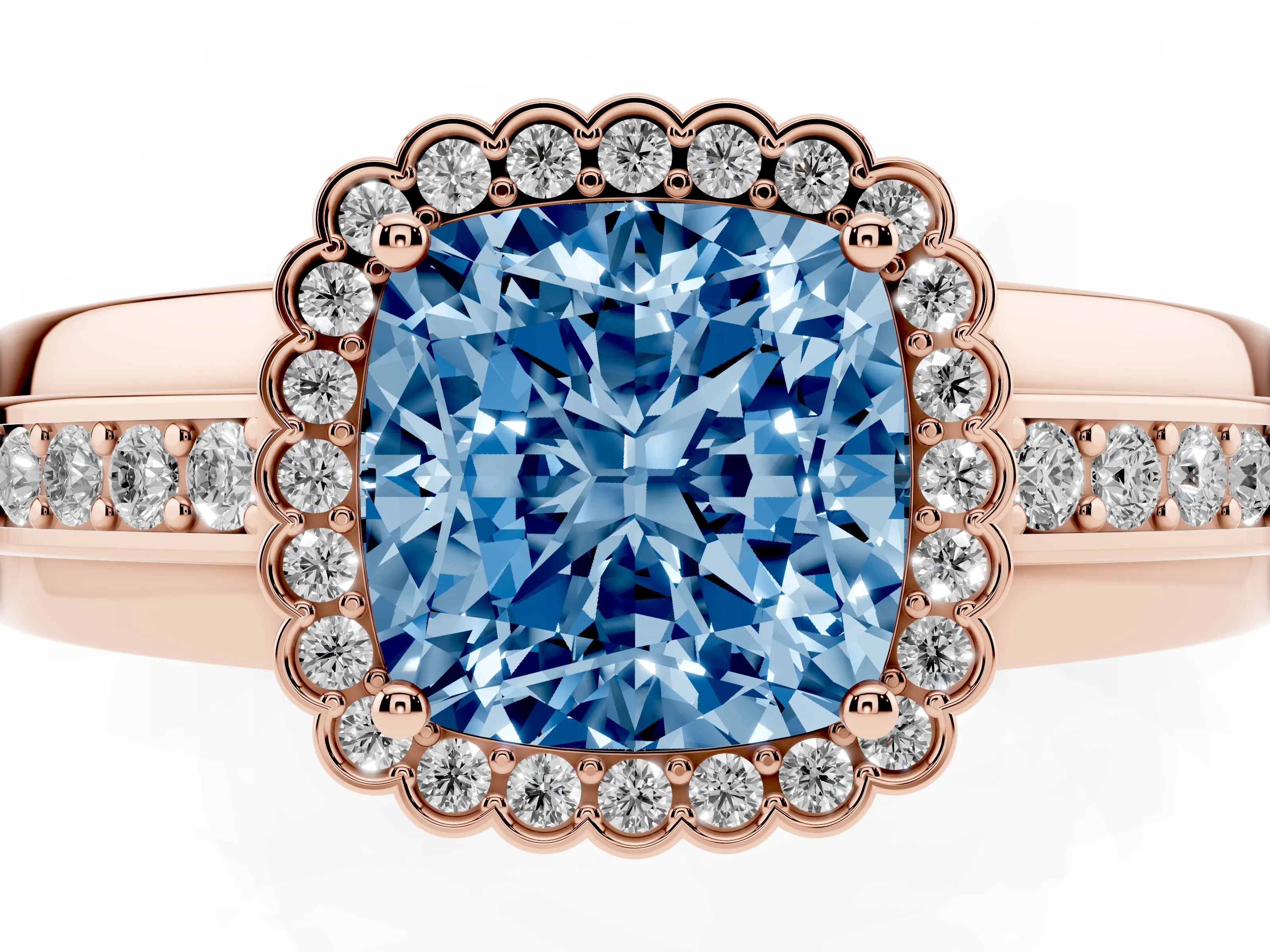 Fancy Blue Cushion Cut Diamond Halo Prong Ring Set in Rose gold with Pavé Band