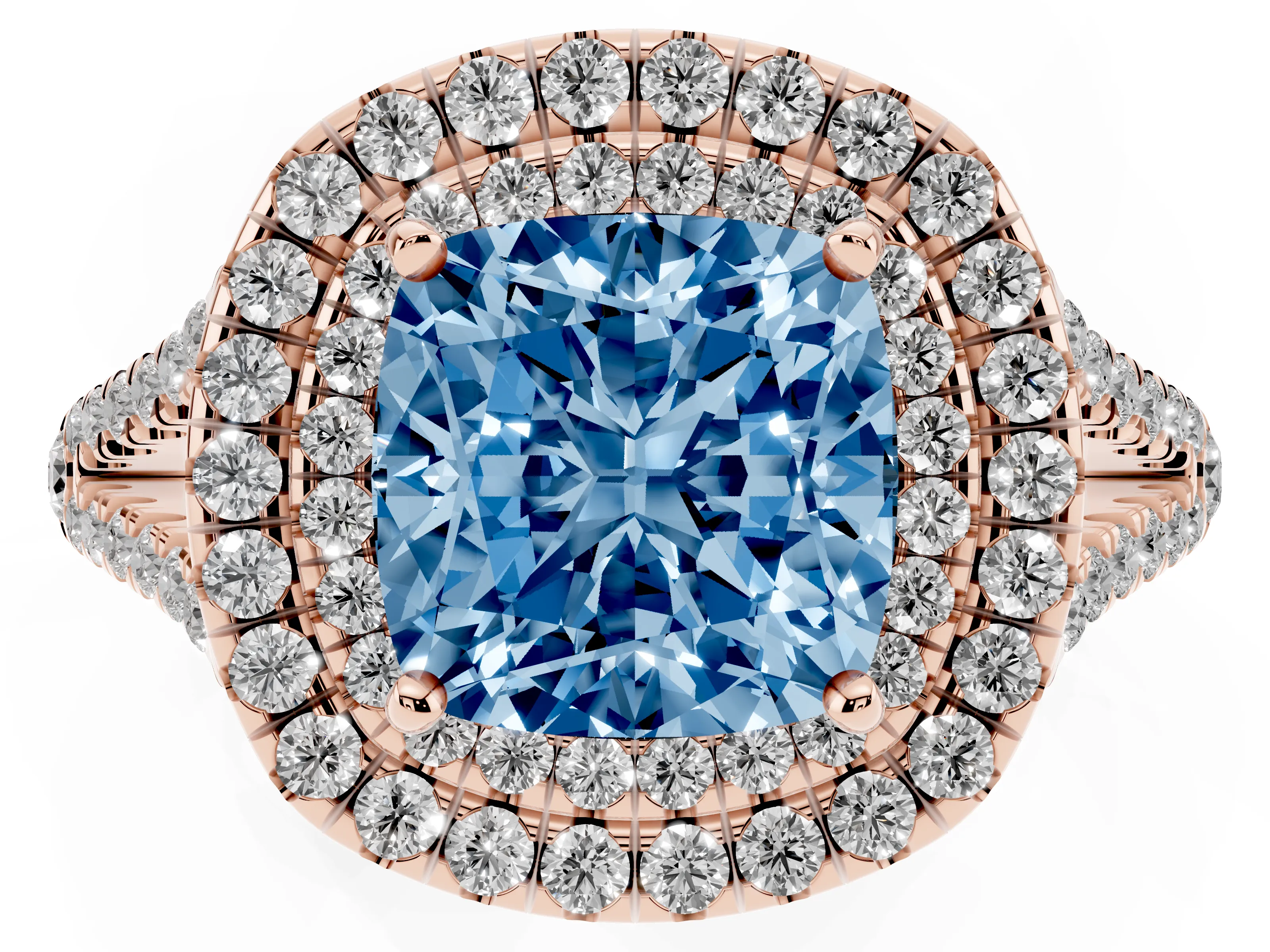 Fancy Blue Cushion Cut Diamond Double Halo Ring Set in Rose gold with Pavé Band