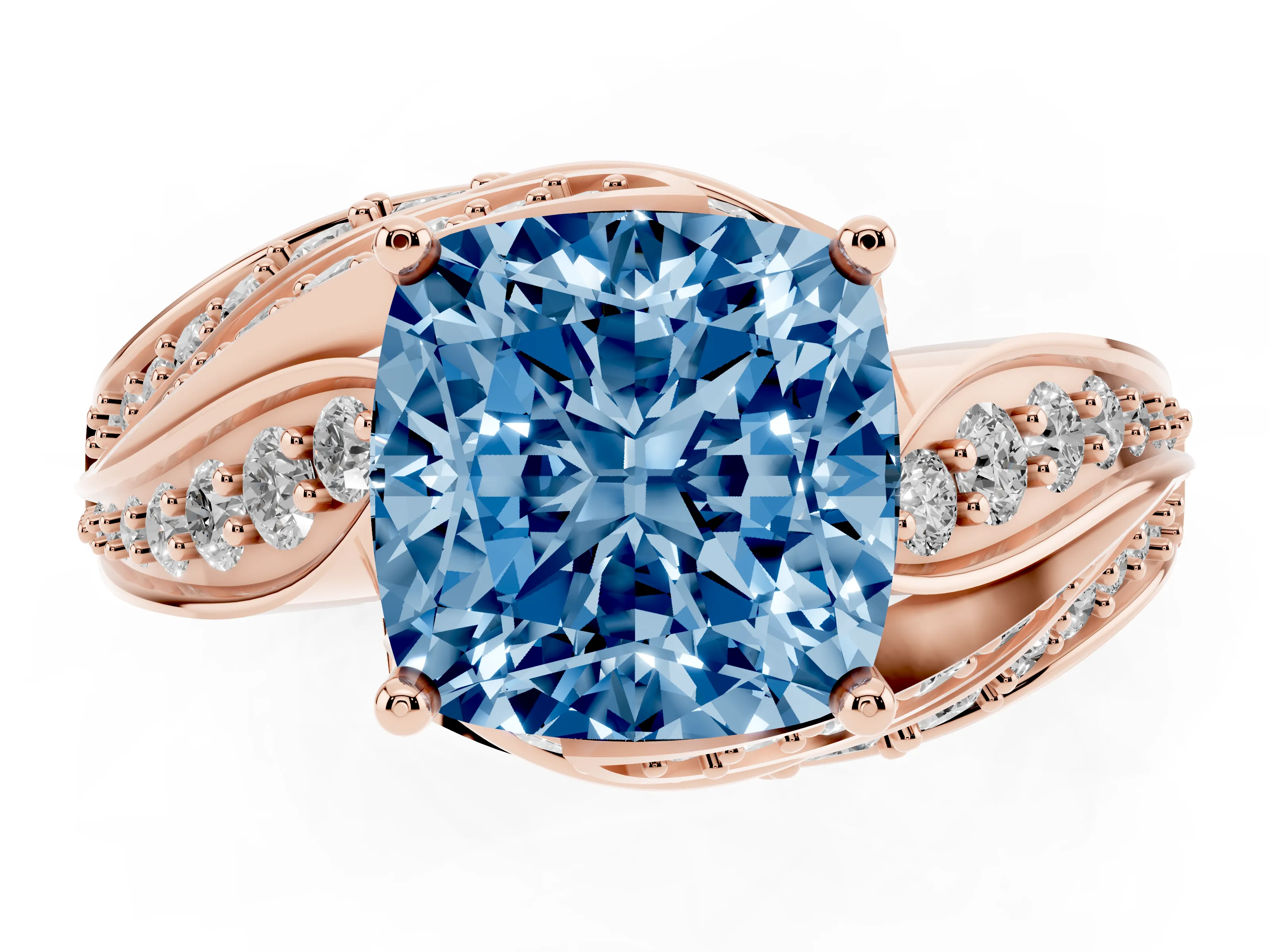 Fancy Blue Cushion Cut Diamond Solitaire Ring Set in Rose gold with Layered Twist Pavé Band