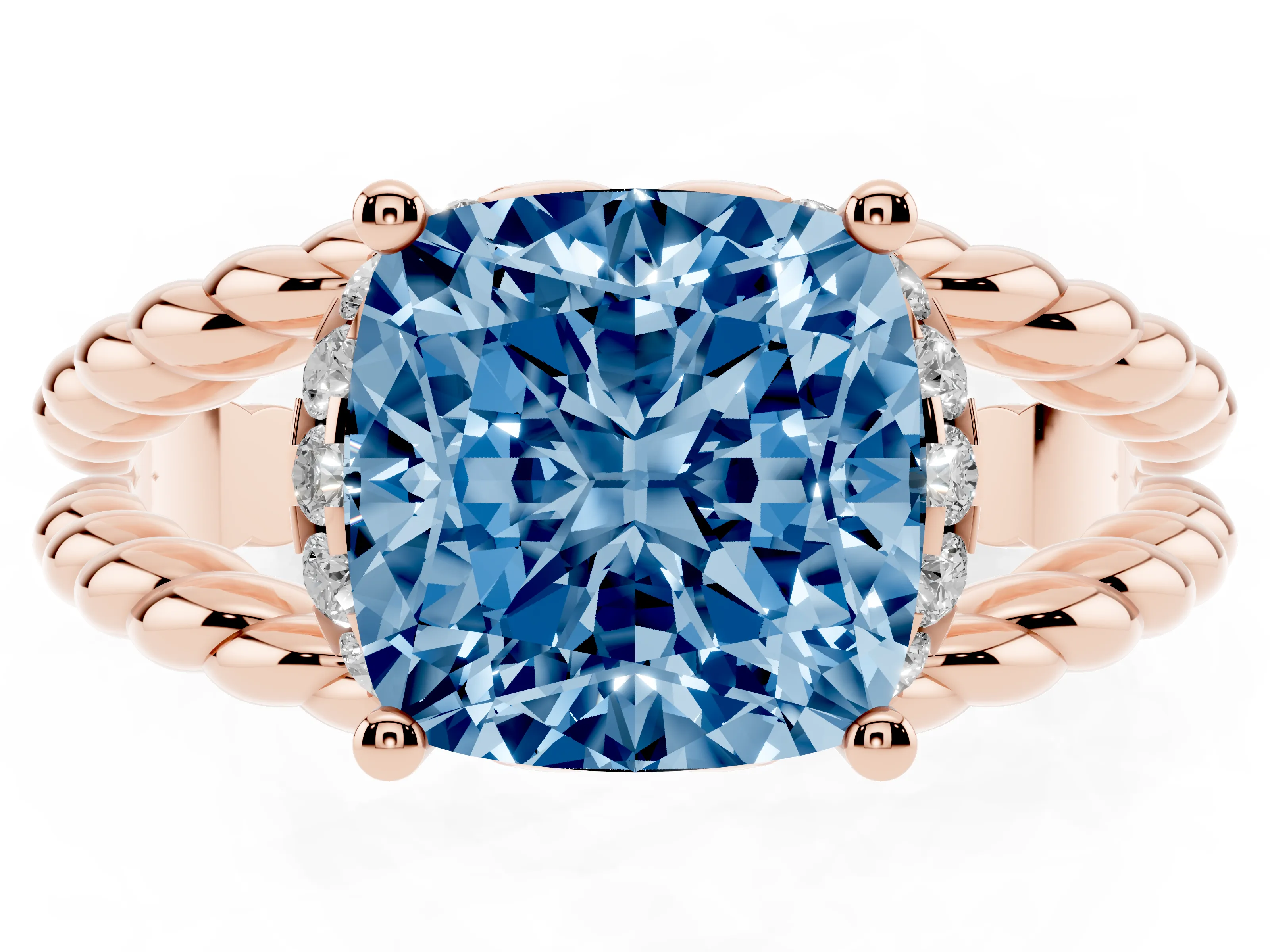 Fancy Blue Cushion Cut Diamond Halo Ring Set in Rose gold with Twisted Band and Prong Setting