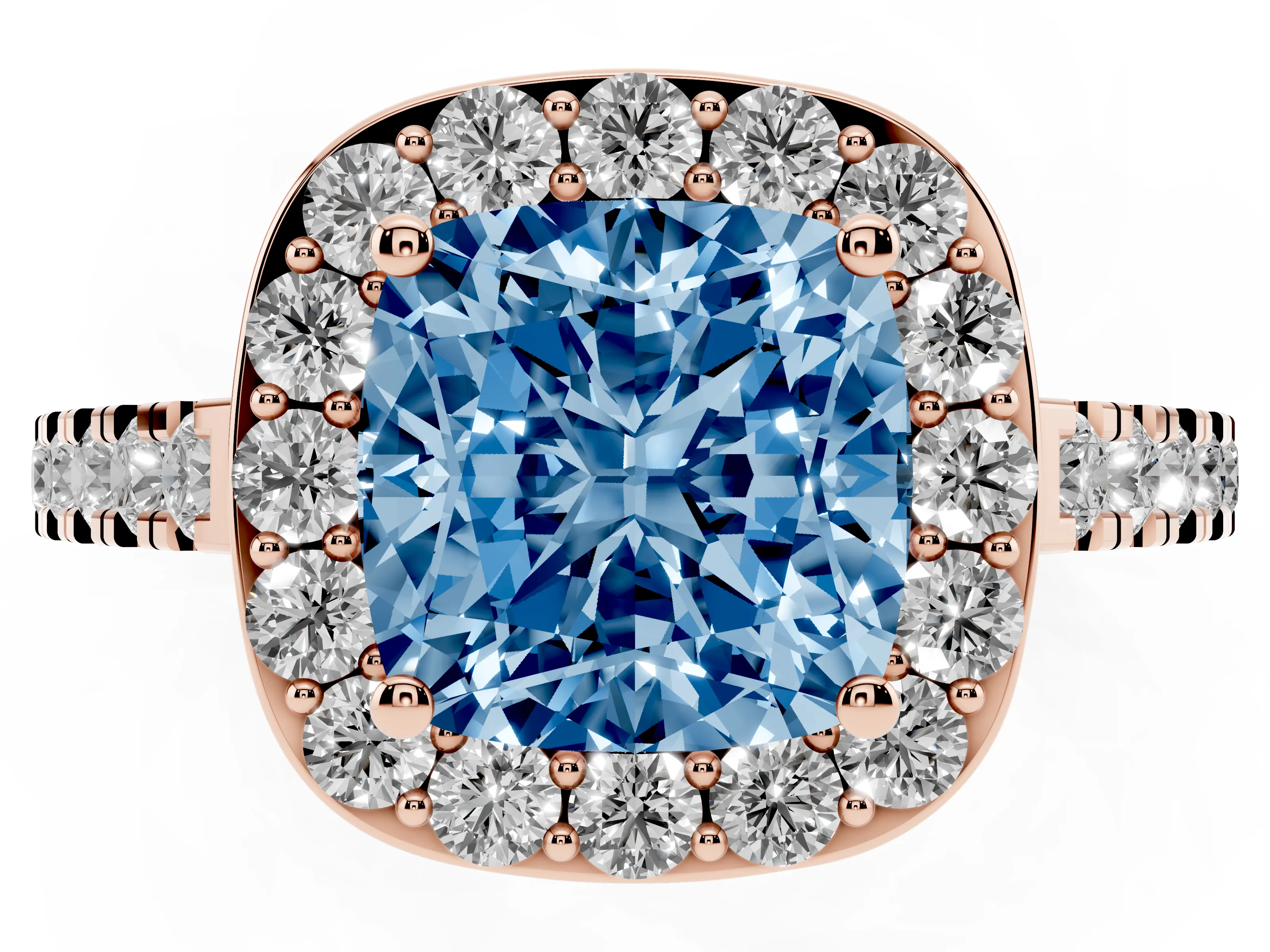 Fancy Blue Cushion Cut Diamond Halo Ring Set in Rose gold with Round Pavé Split Shank and Prong Setting