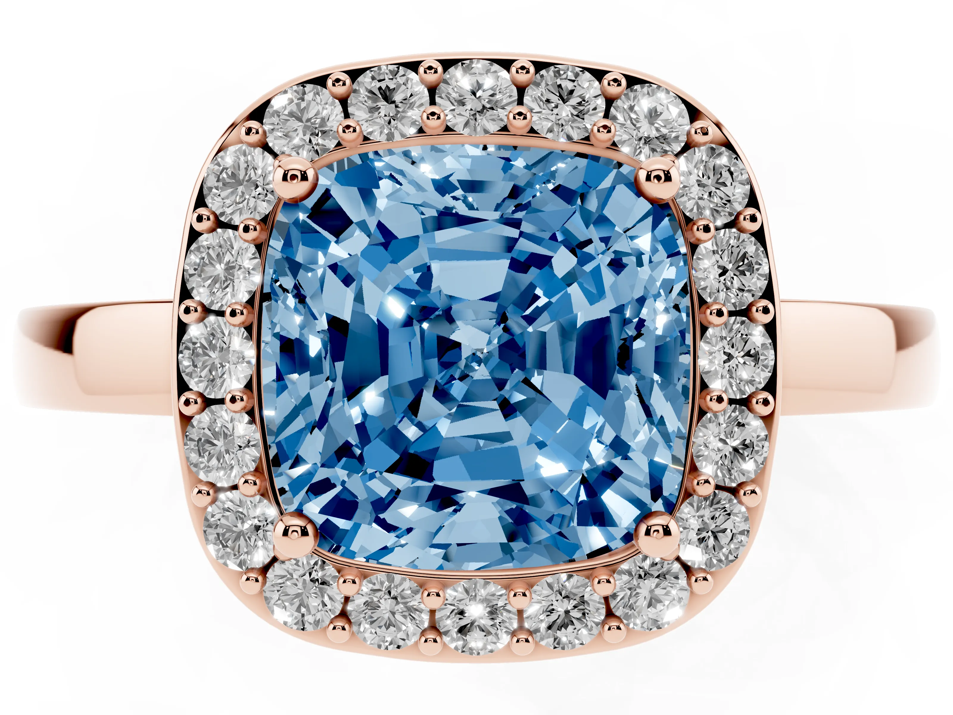 Fancy Blue Cushion Cut Diamond Halo Ring Set in Rose gold with Solitaire Band and Prong Setting