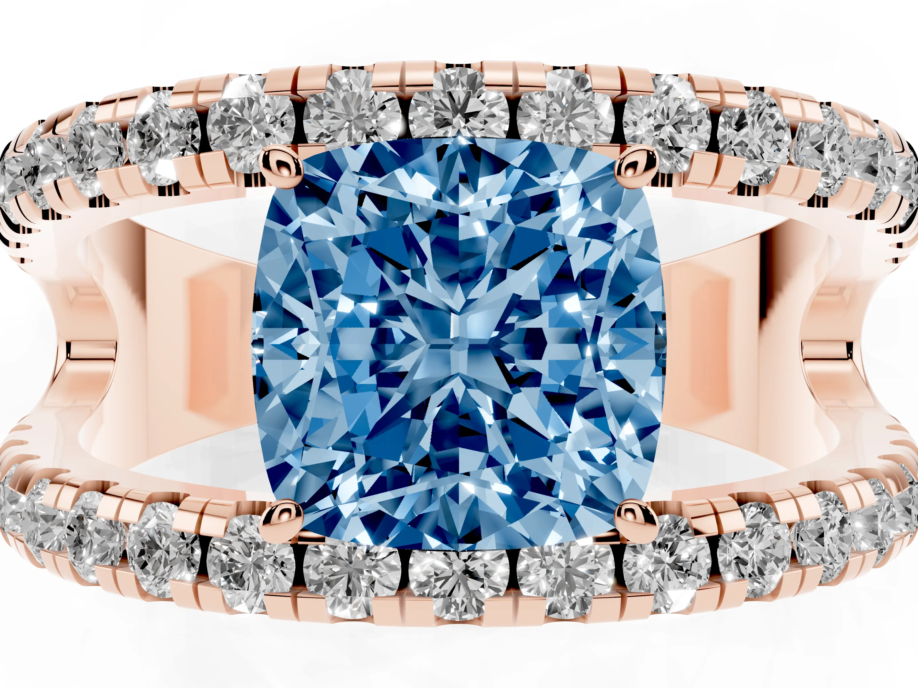 Fancy Blue Cushion Cut Diamond Split Shank Pavé Solitaire Ring Set in Rose gold with Open Shank Design
