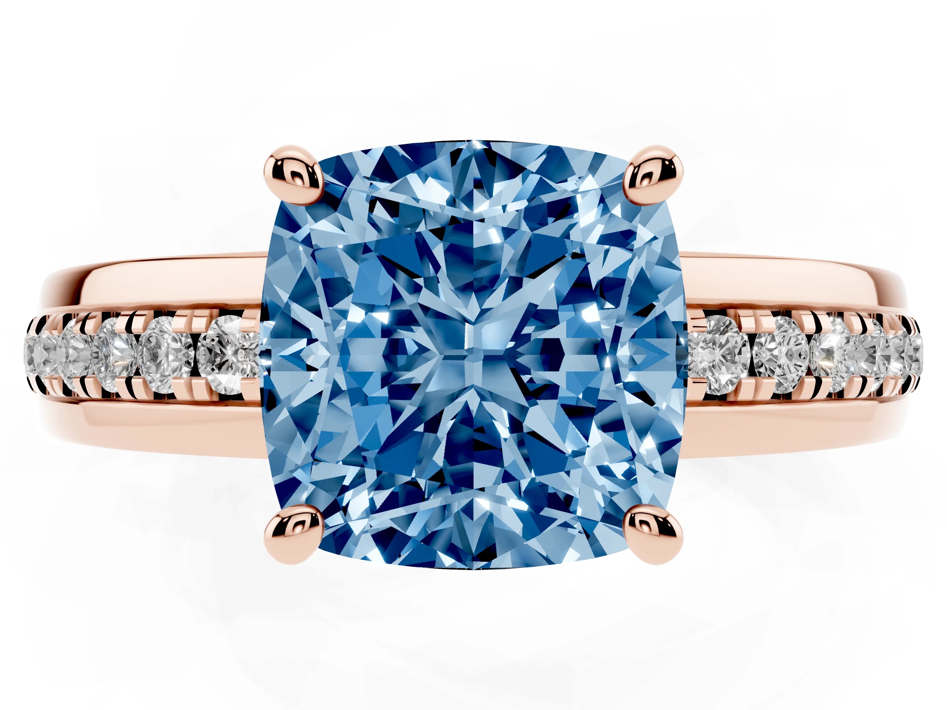 Fancy Blue Cushion Cut Diamond Solitaire Ring Set in Rose gold with Channel Set Band and Prong Setting