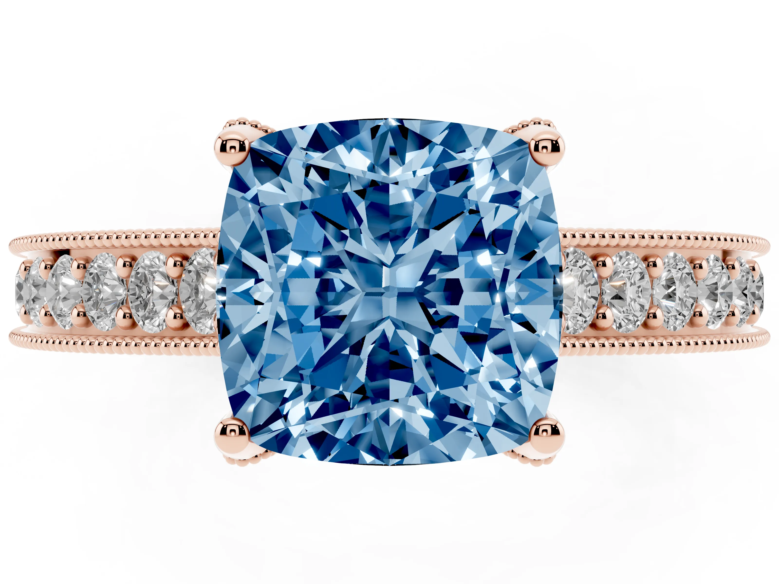 Fancy Blue Cushion Cut Diamond Solitaire Ring Set in Rose gold with Milgrain-Edged Pavé Band and Prong Setting