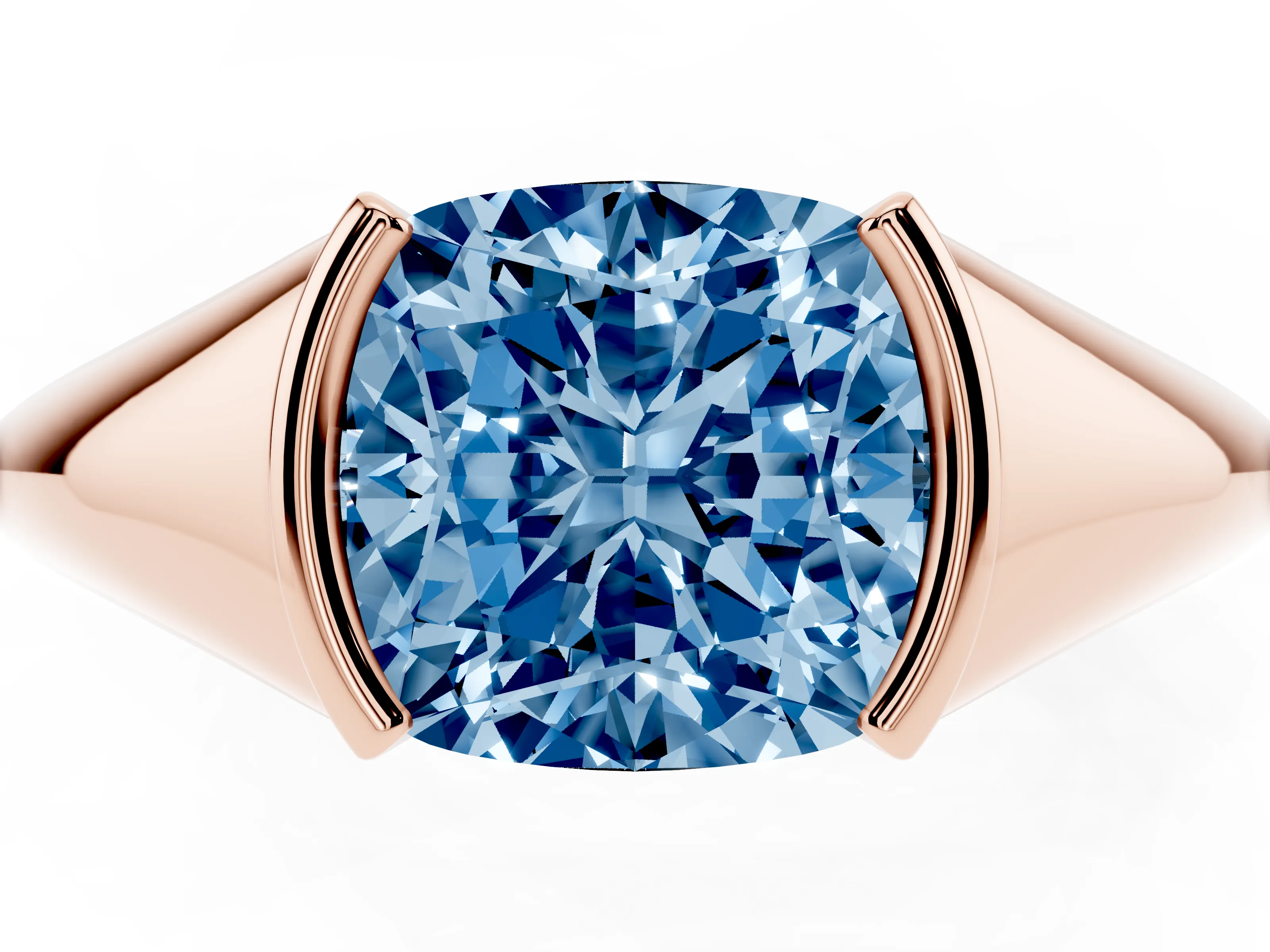 Fancy Blue Cushion Cut Diamond Solitaire Tension Set Ring Set in Rose gold