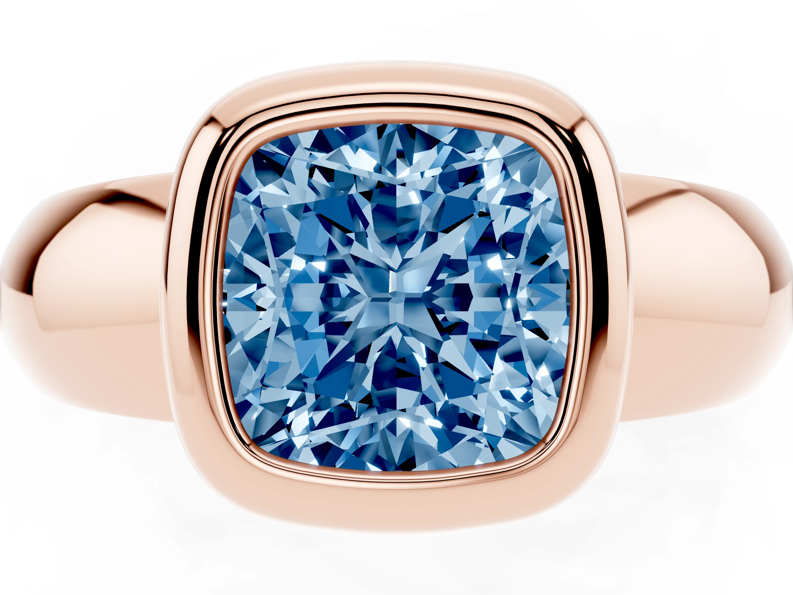 Fancy Blue Bezel Set Cushion Cut Diamond Solitaire Ring Set in Rose gold with Wide Band