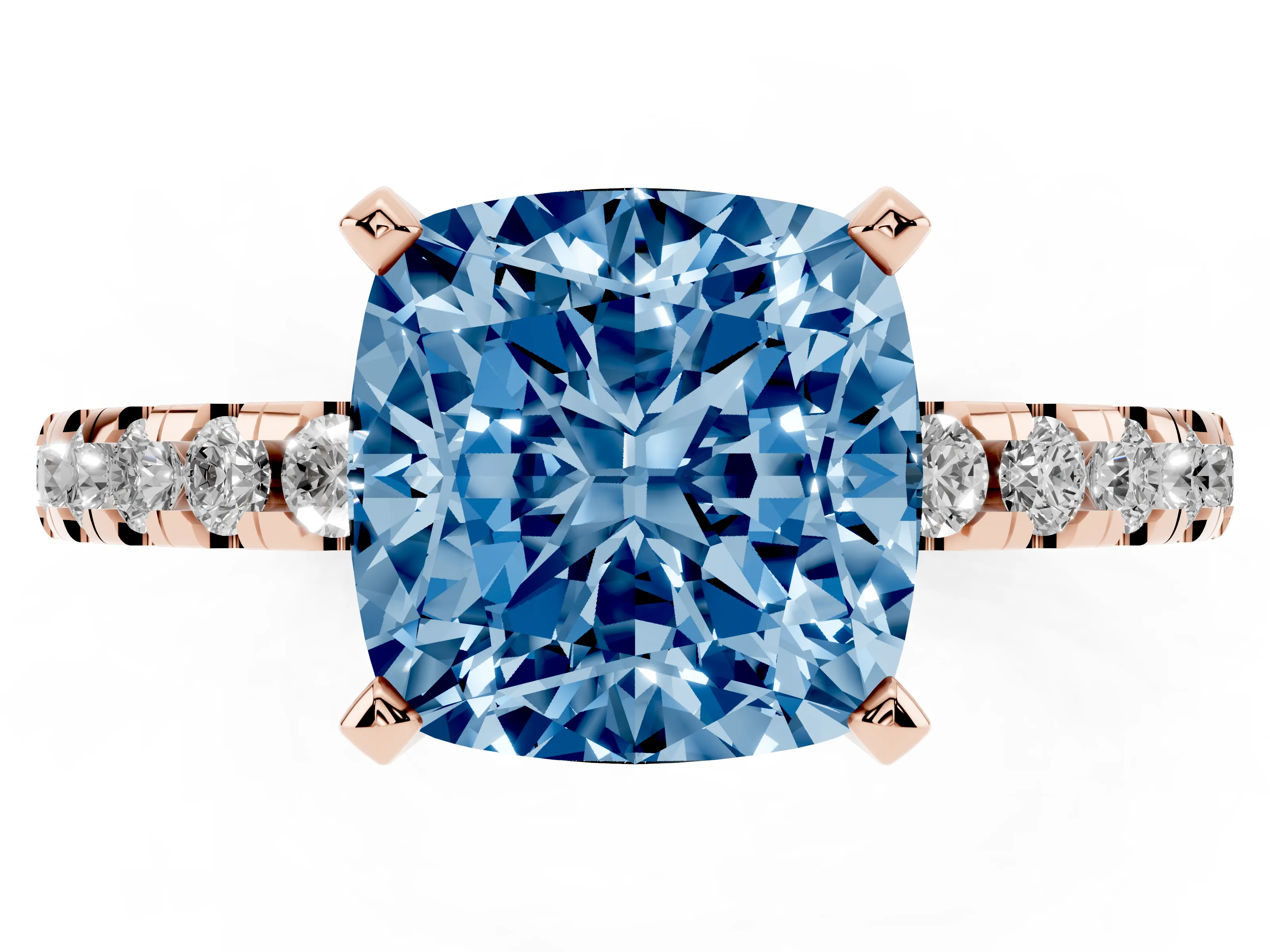 Fancy Blue Cushion Cut Diamond Pavé Solitaire Ring Set in Rose gold with Round Band Accents and Prong Setting
