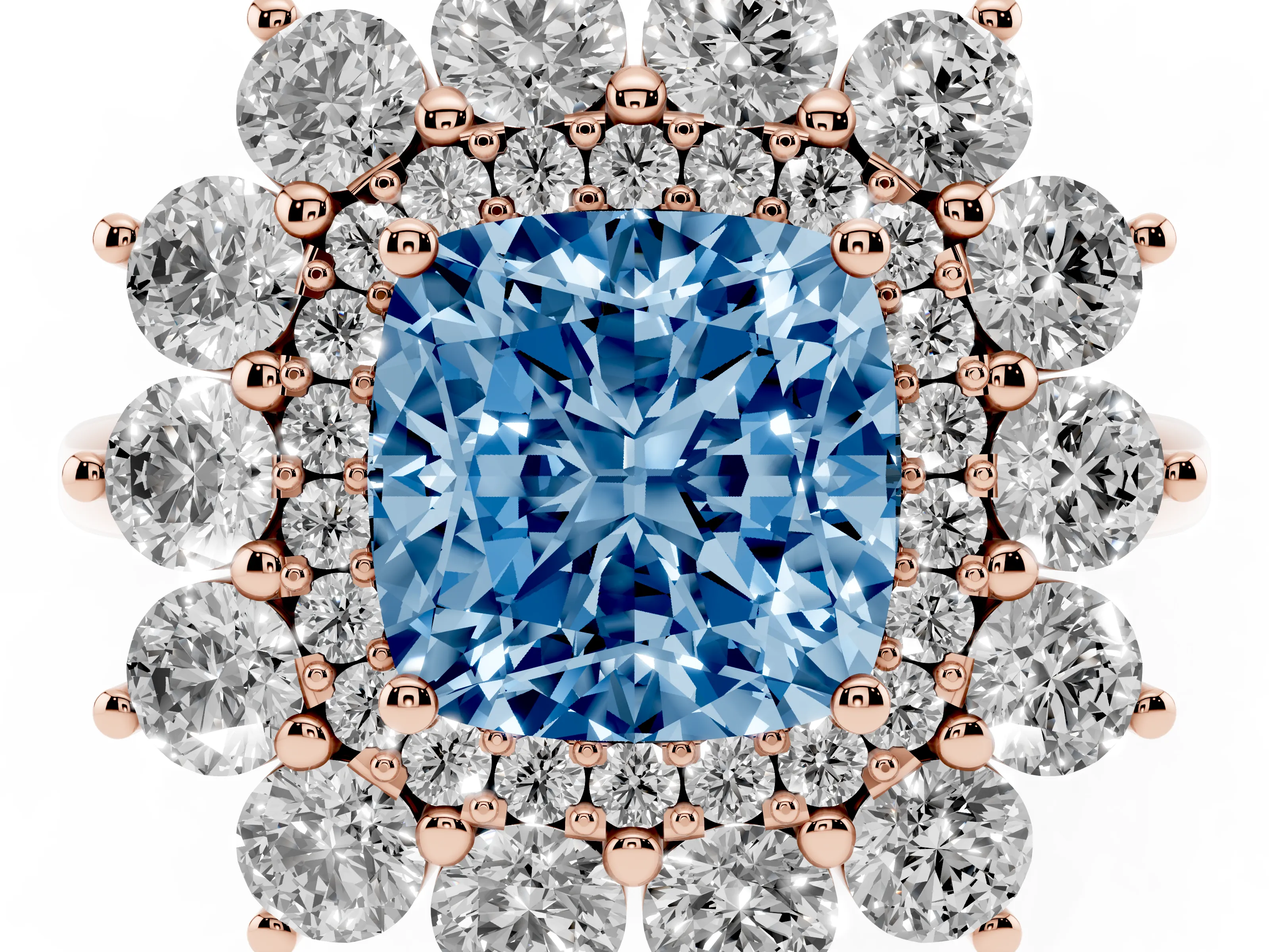 Fancy Blue Cushion Cut Diamond Floral Double Halo Ring Set in Rose gold with Round Petals