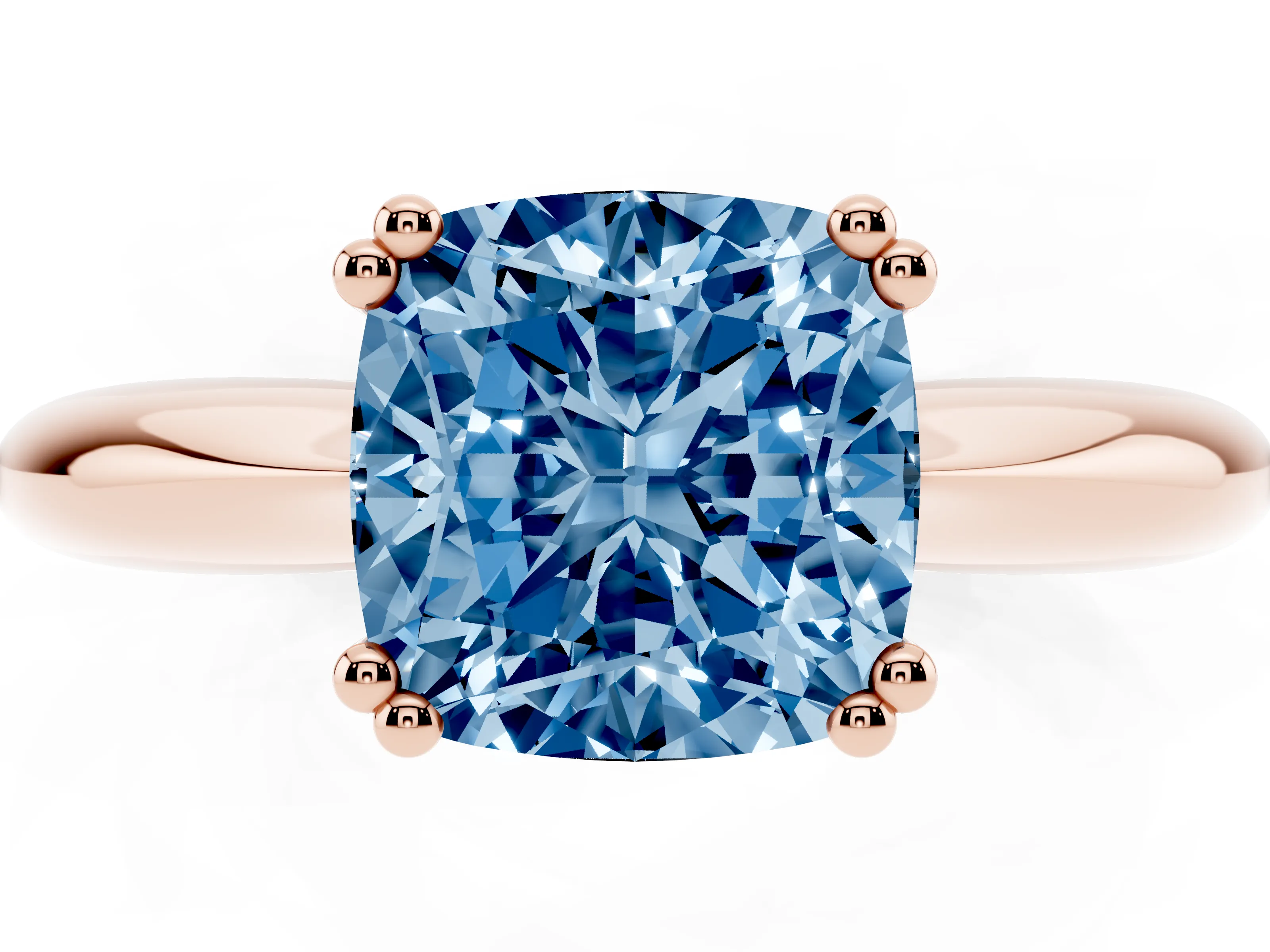 Fancy Blue Cushion Cut Diamond Solitaire Engagement Ring Set in Rose gold with Tapered Band and Prong Setting