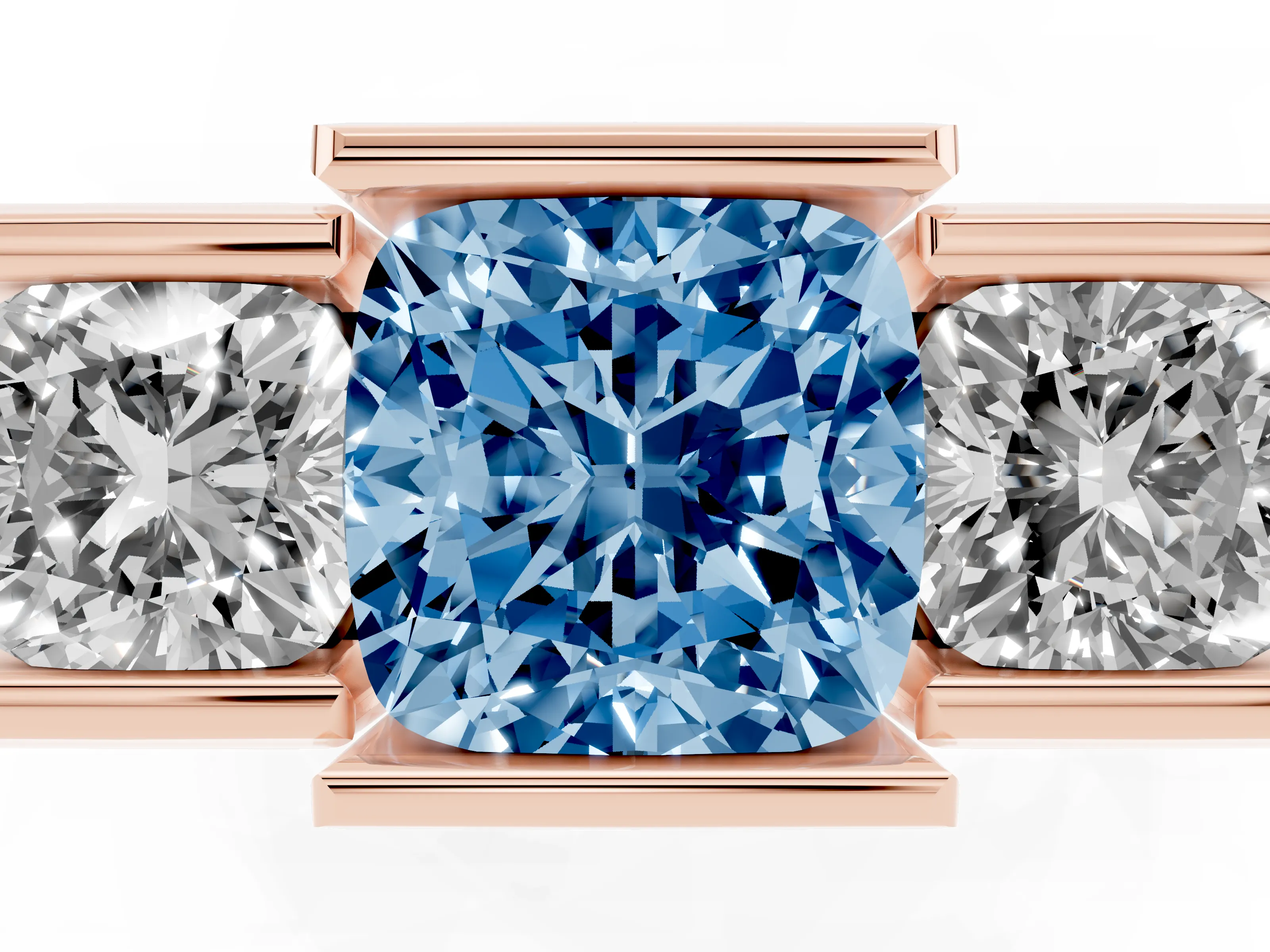 Fancy Blue Cushion Cut Diamond Three-Stone Channel Set Ring Set in Rose gold with Smooth Polished Band