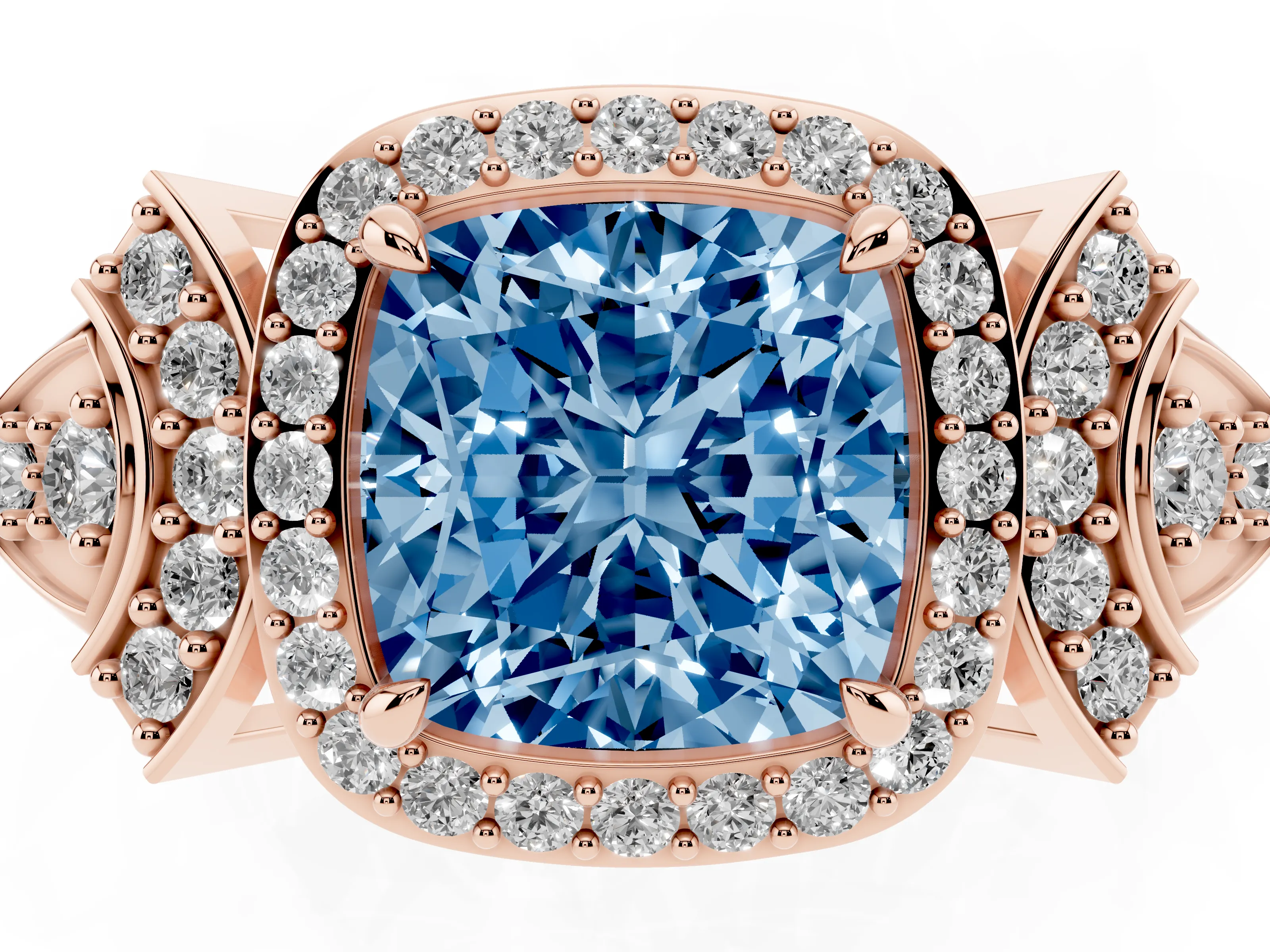 Fancy Blue Cushion Cut Diamond Halo Engagement Ring Set in Rose gold with Accent Stone Split Shank