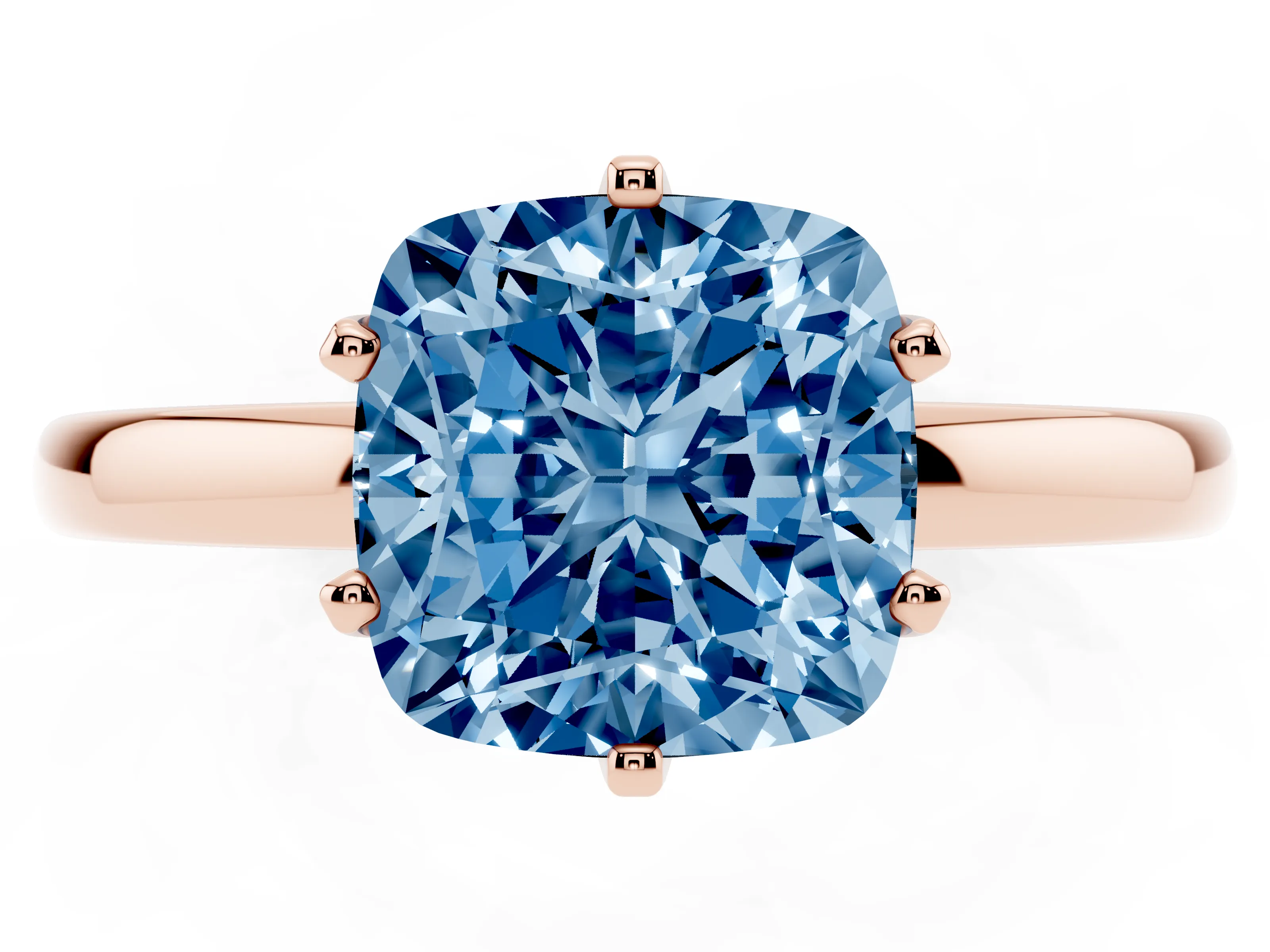 Fancy Blue Cushion Cut Diamond Solitaire Ring Set in Rose gold with Raised Prong Setting on a Classic Band