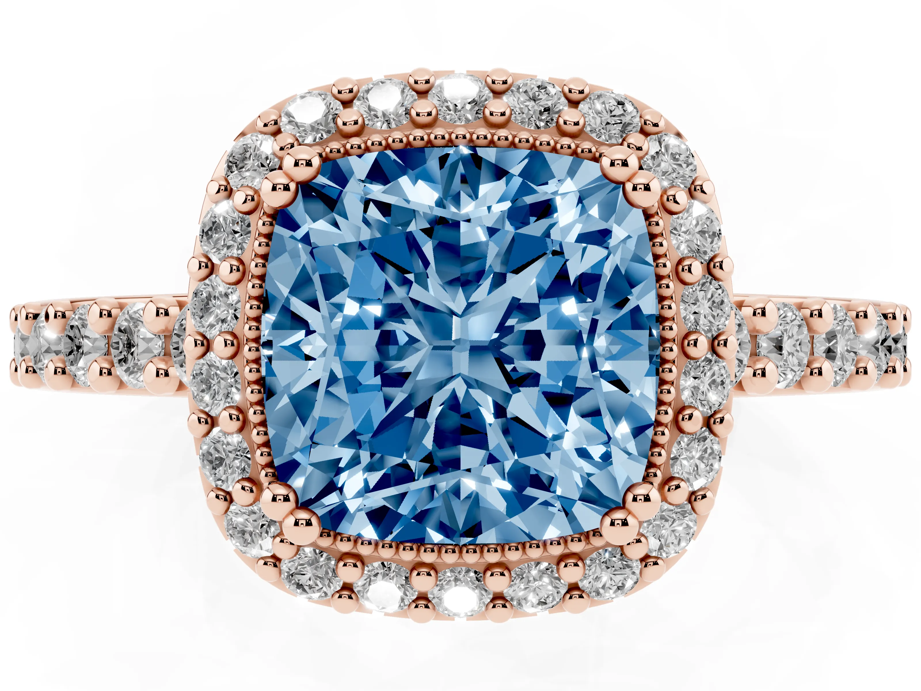 Fancy Blue Cushion Cut Diamond Halo Engagement Ring Set in Rose gold with Milgrain Detail and Pavé Band