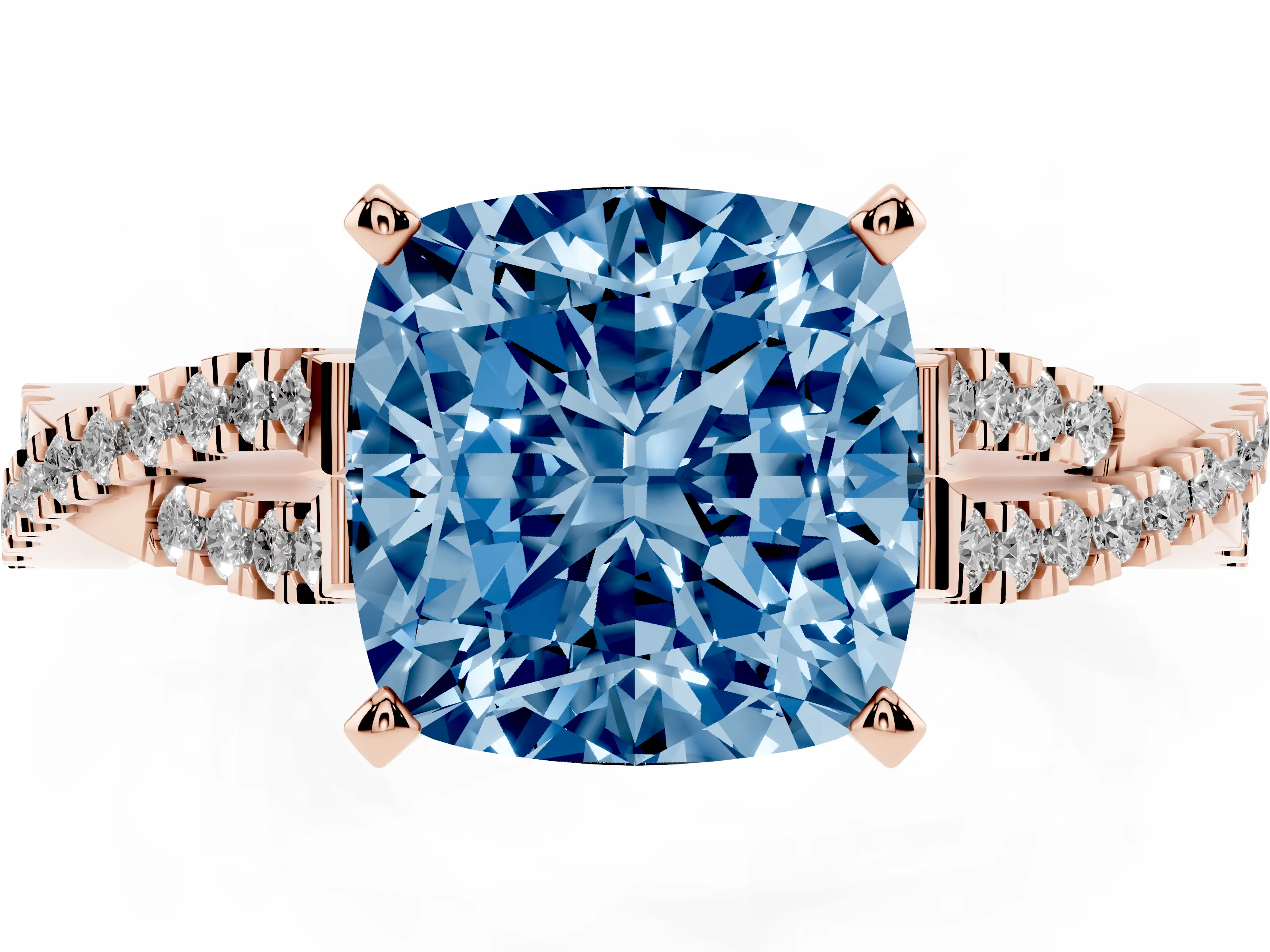 Fancy Blue Cushion Cut Diamond Solitaire Engagement Ring Set in Rose gold with Twisted Pavé Band and Prong Setting