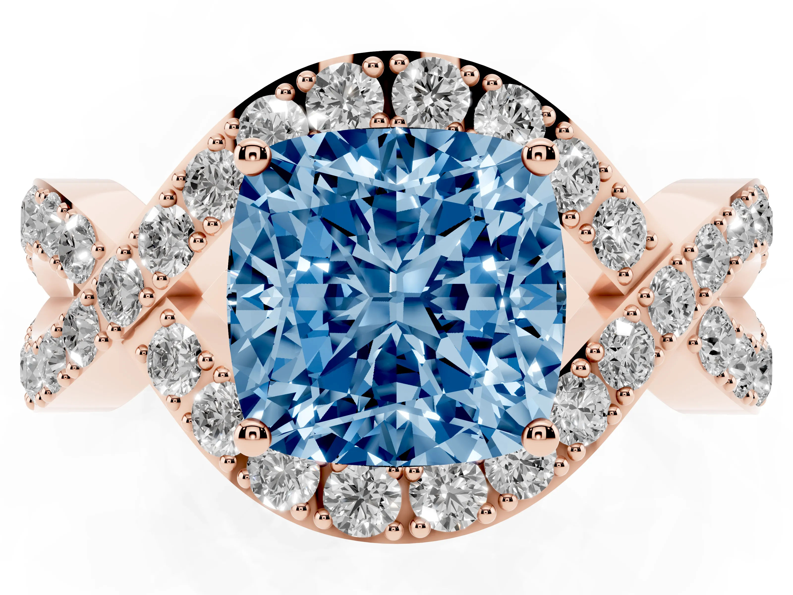 Fancy Blue Cushion Cut Diamond Solitaire Twist Band Pavé Engagement Ring Set in Rose gold