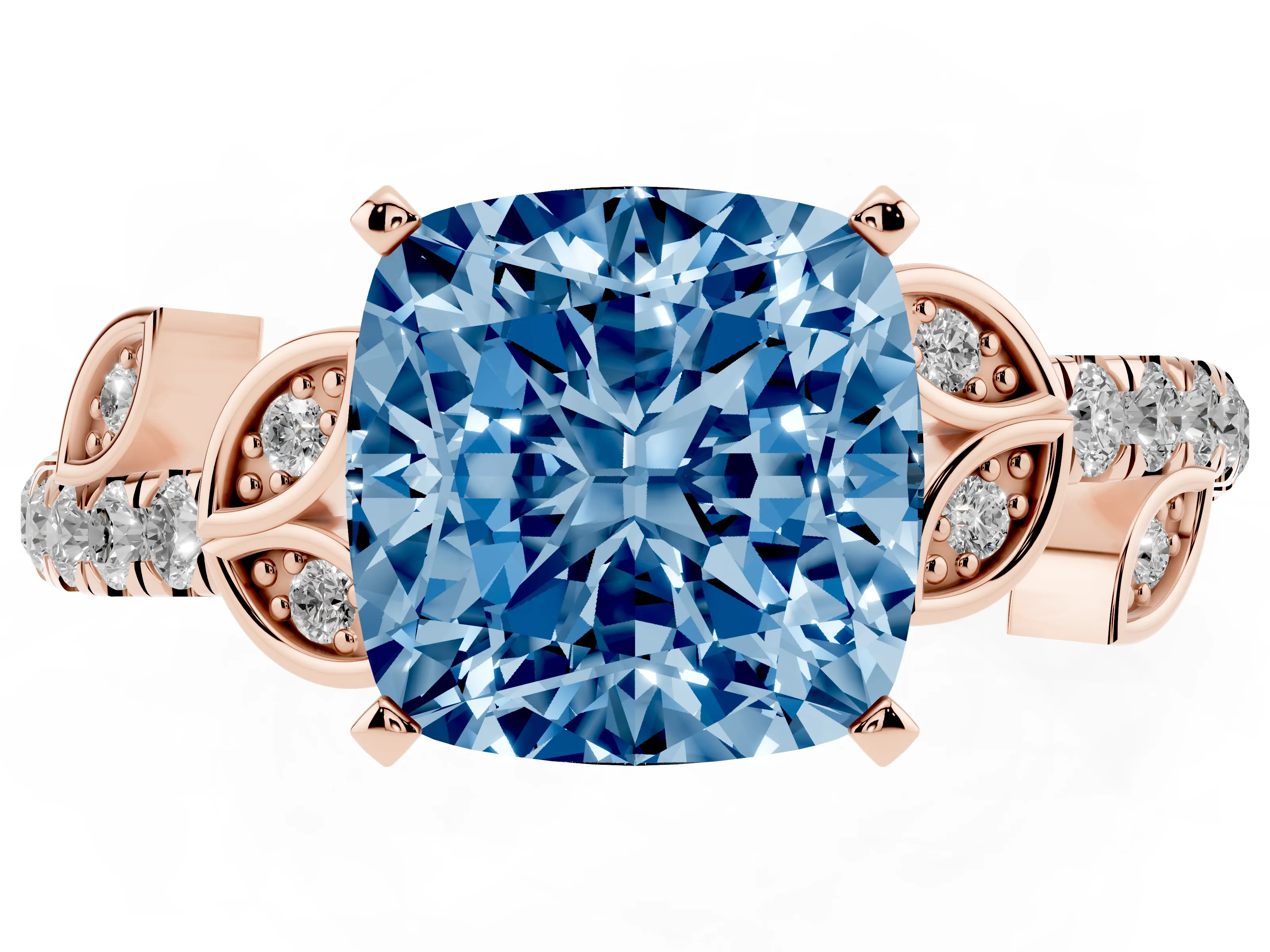 Fancy Blue Cushion Cut Diamond Solitaire Leaf-Inspired Ring Set in Rose gold with Pavé Band and Prong Setting