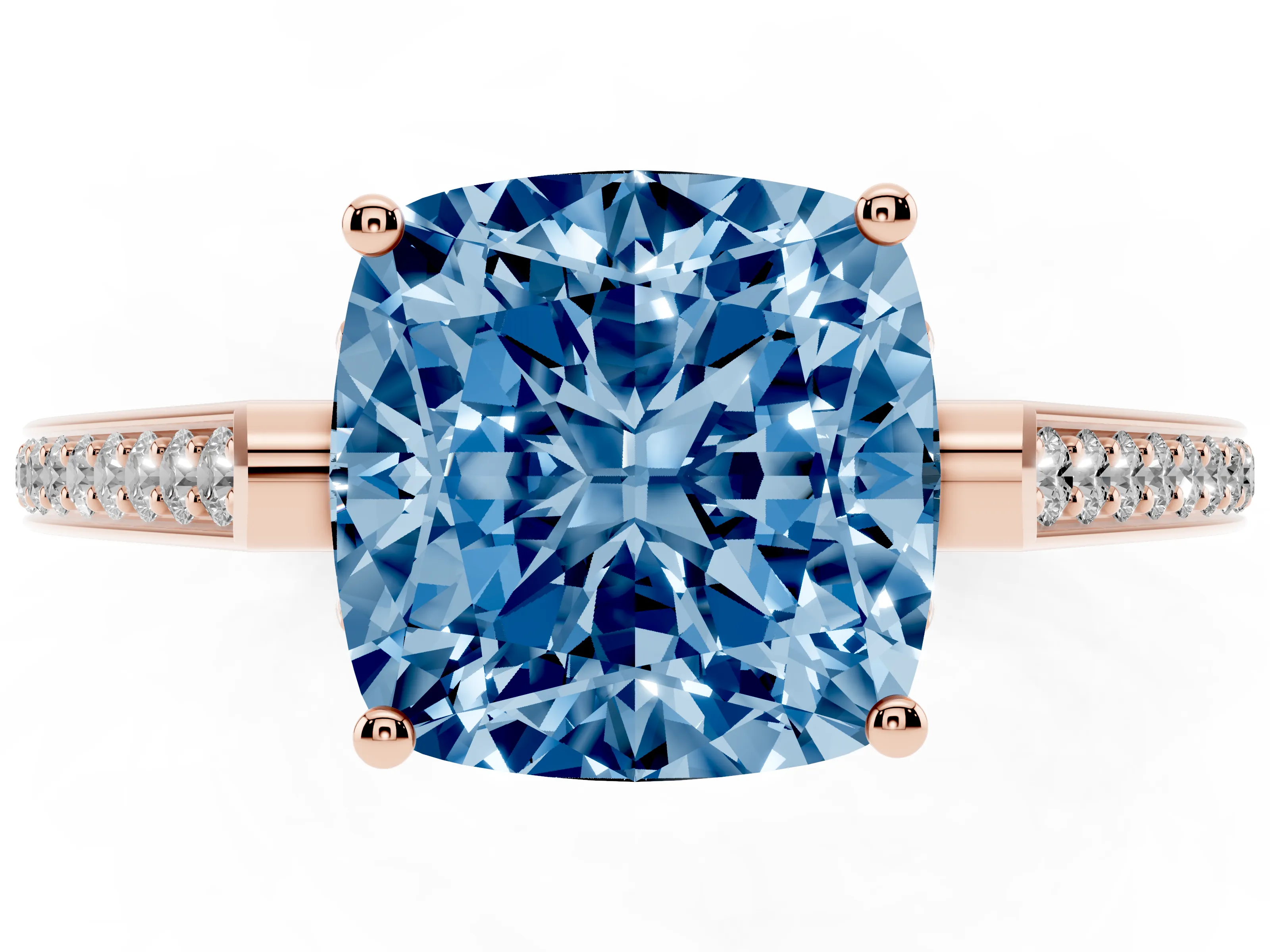 Fancy Blue Cushion Cut Diamond Cathedral Pavé Engagement Ring Set in Rose gold with Prong Setting