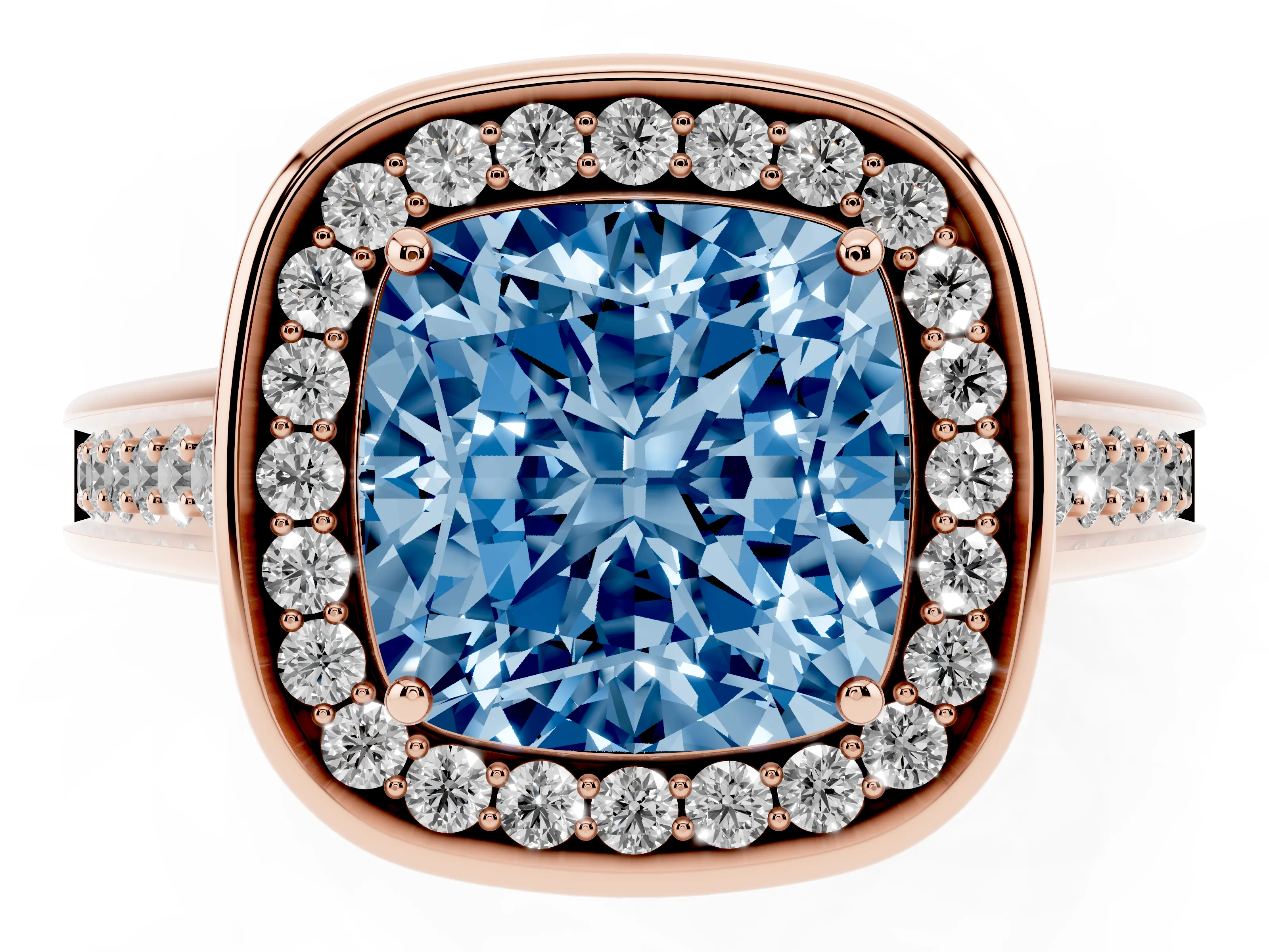 Fancy Blue Cushion Cut Diamond Halo Solitaire Ring Set in Rose gold with Pavé Band and Bezel Setting