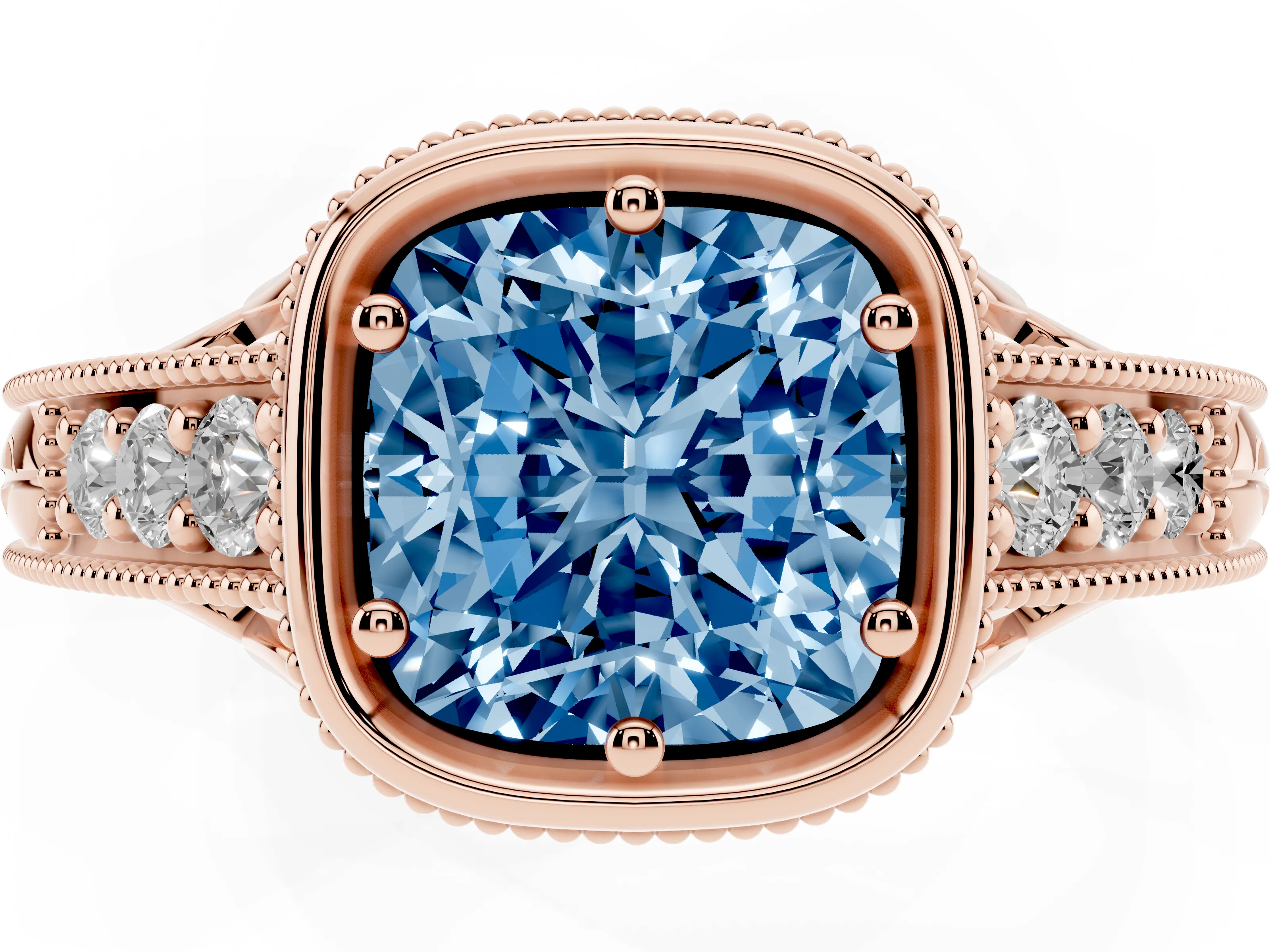 Fancy Blue Bezel Set Cushion Cut Diamond Milgrain Pavé Engagement Ring Set in Rose gold