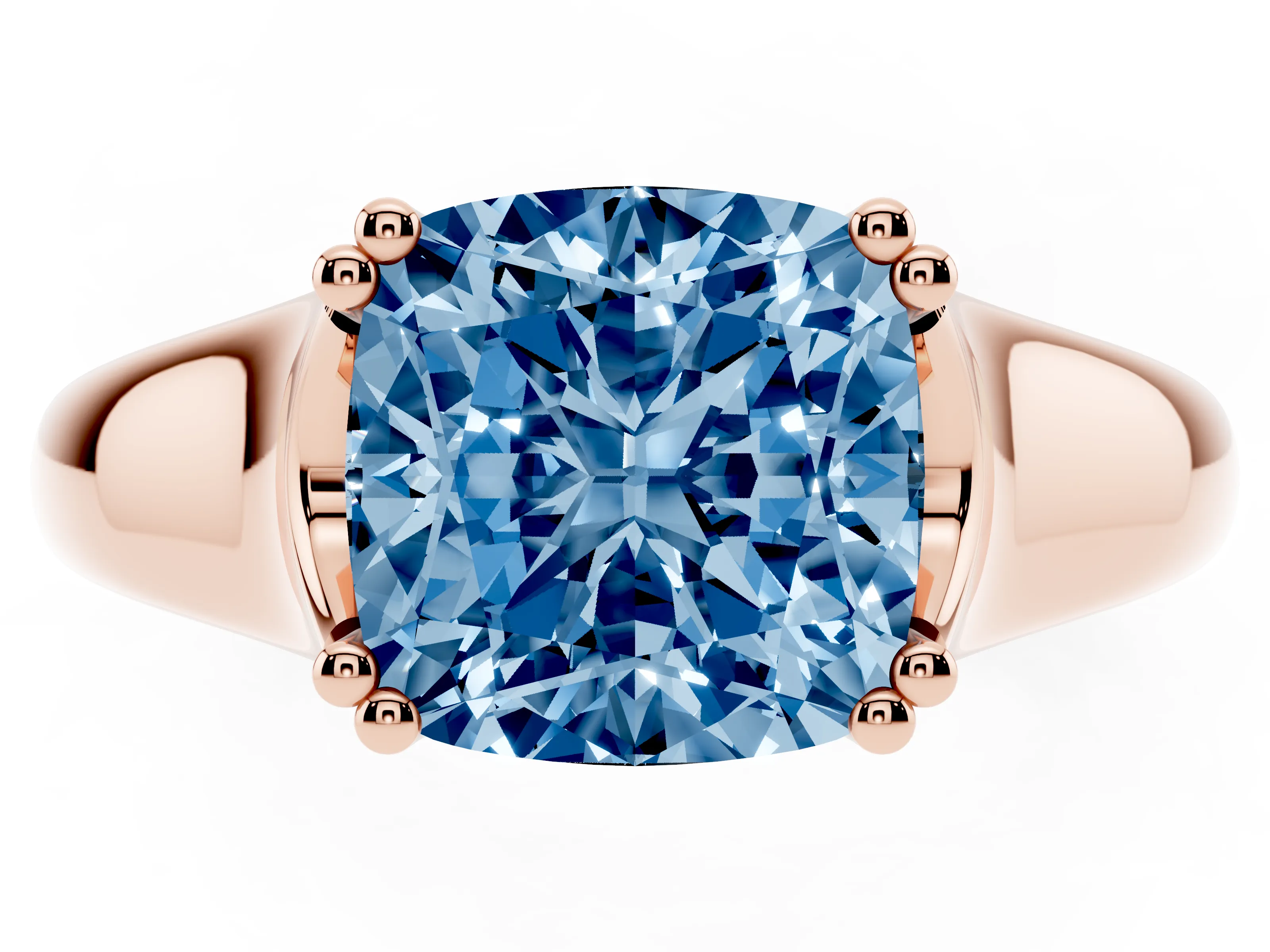 Fancy Blue Cushion Cut Diamond Solitaire Ring Set in Rose gold with Wide Band and Prong Setting