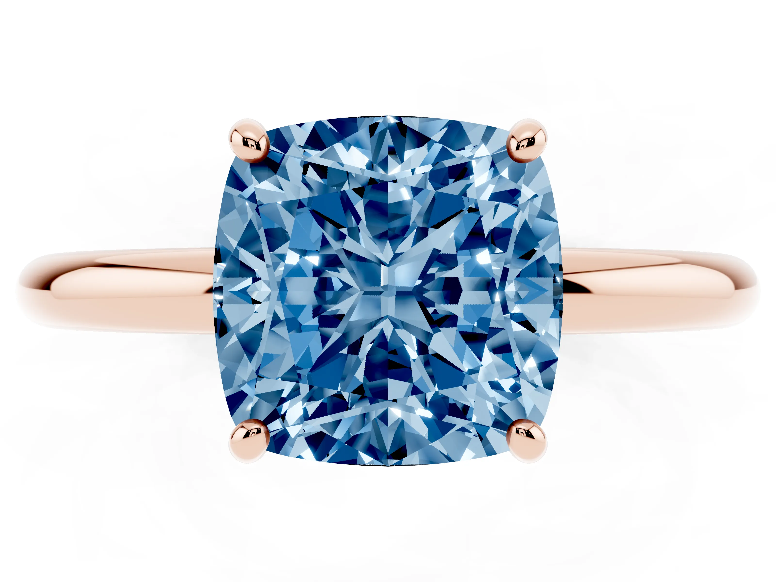 Fancy Blue Cushion Cut Diamond Solitaire Ring Set in Rose gold with Prong Setting on a Polished Plain Band