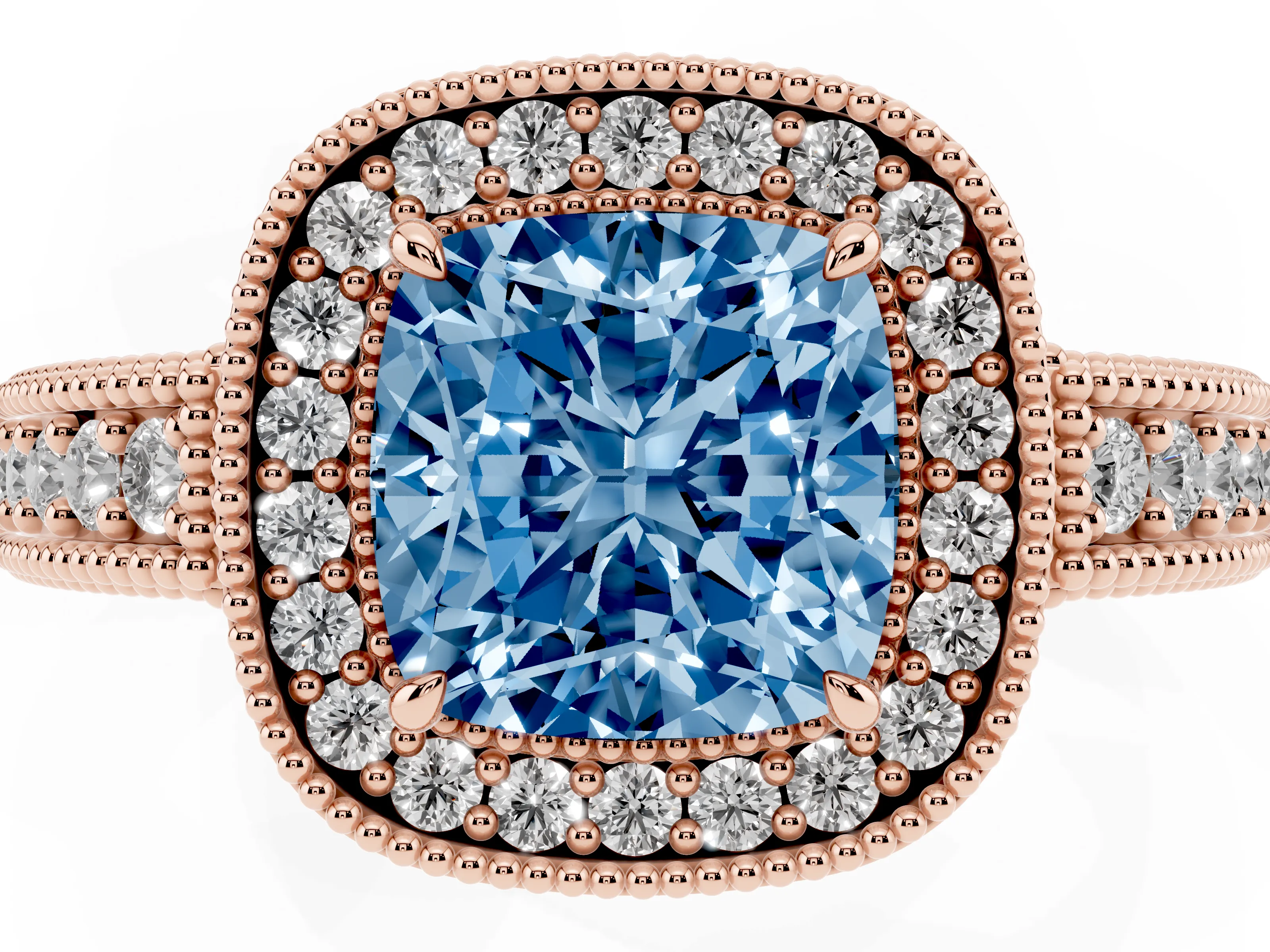 Fancy Blue Cushion Cut Diamond Halo Ring Set in Rose gold with Round Accent Halo, Pavé Band and Prong Setting