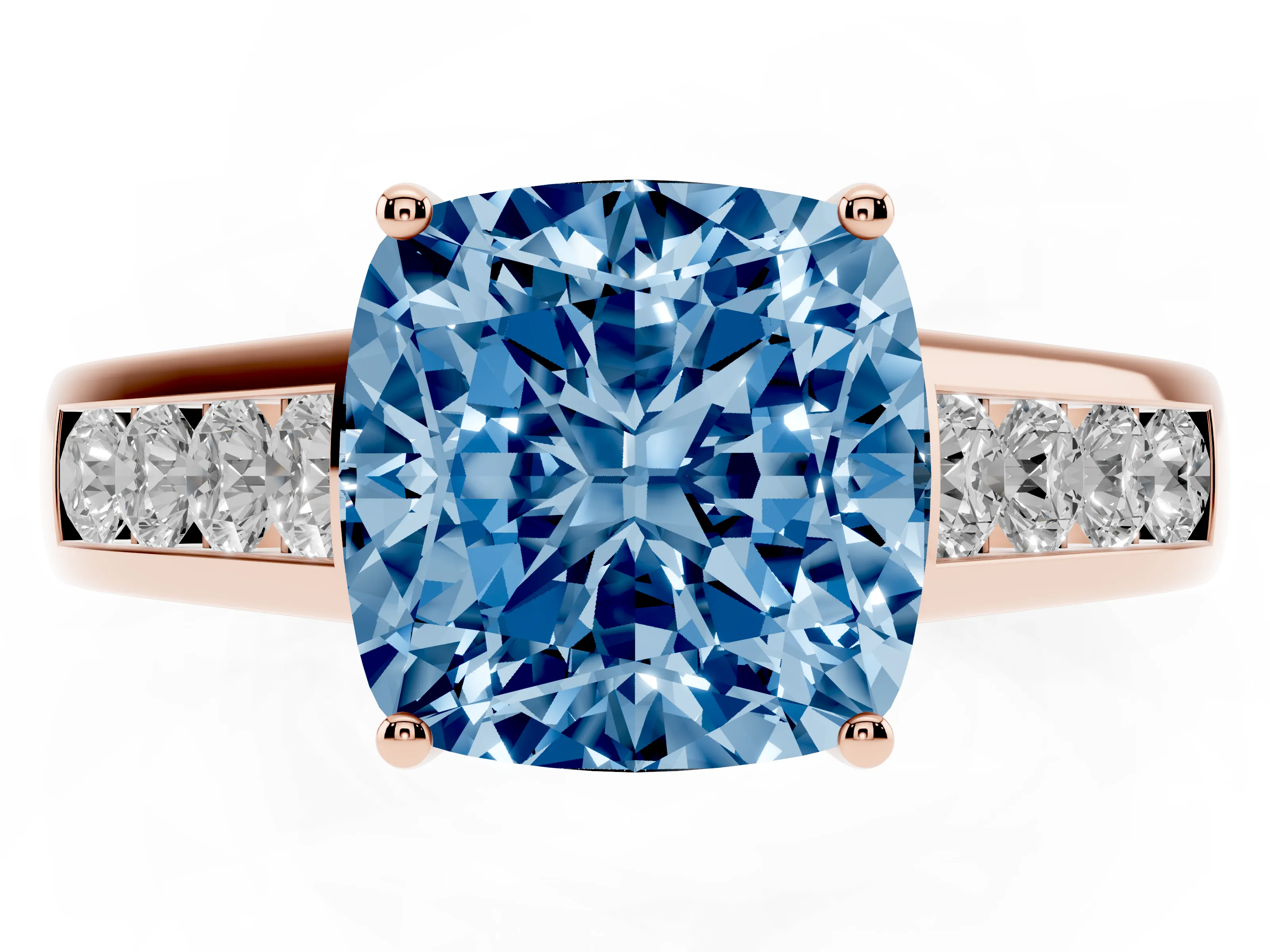 Fancy Blue Cushion Cut Diamond Brilliant Channel-Set Solitaire Ring Set in Rose gold with Prong Setting