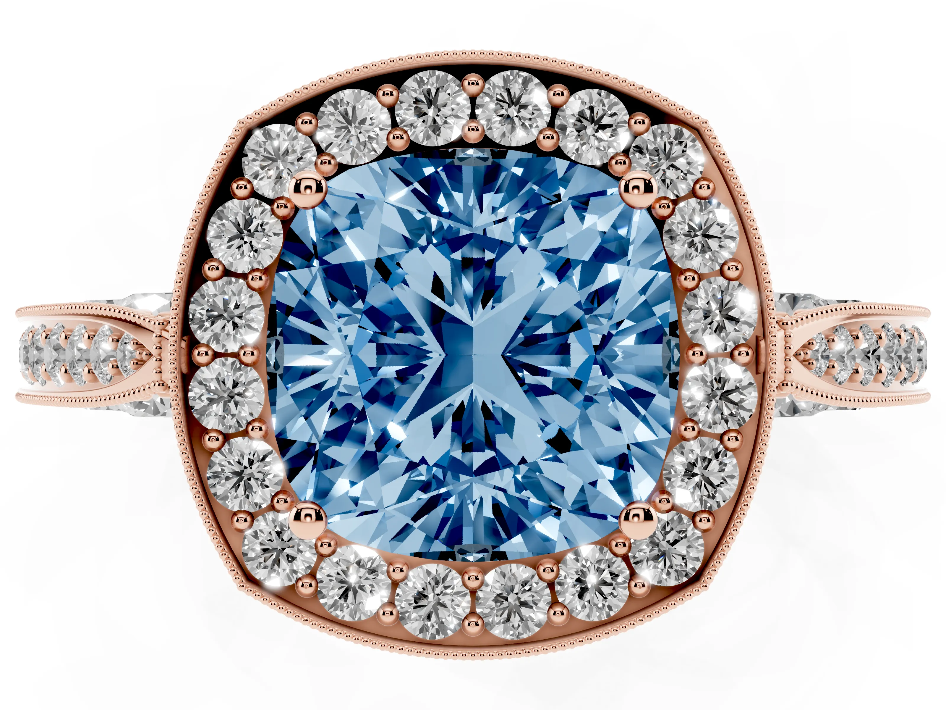 Fancy Blue Cushion Cut Diamond Halo Engagement Ring Set in Rose gold with Accent Split Shank Band