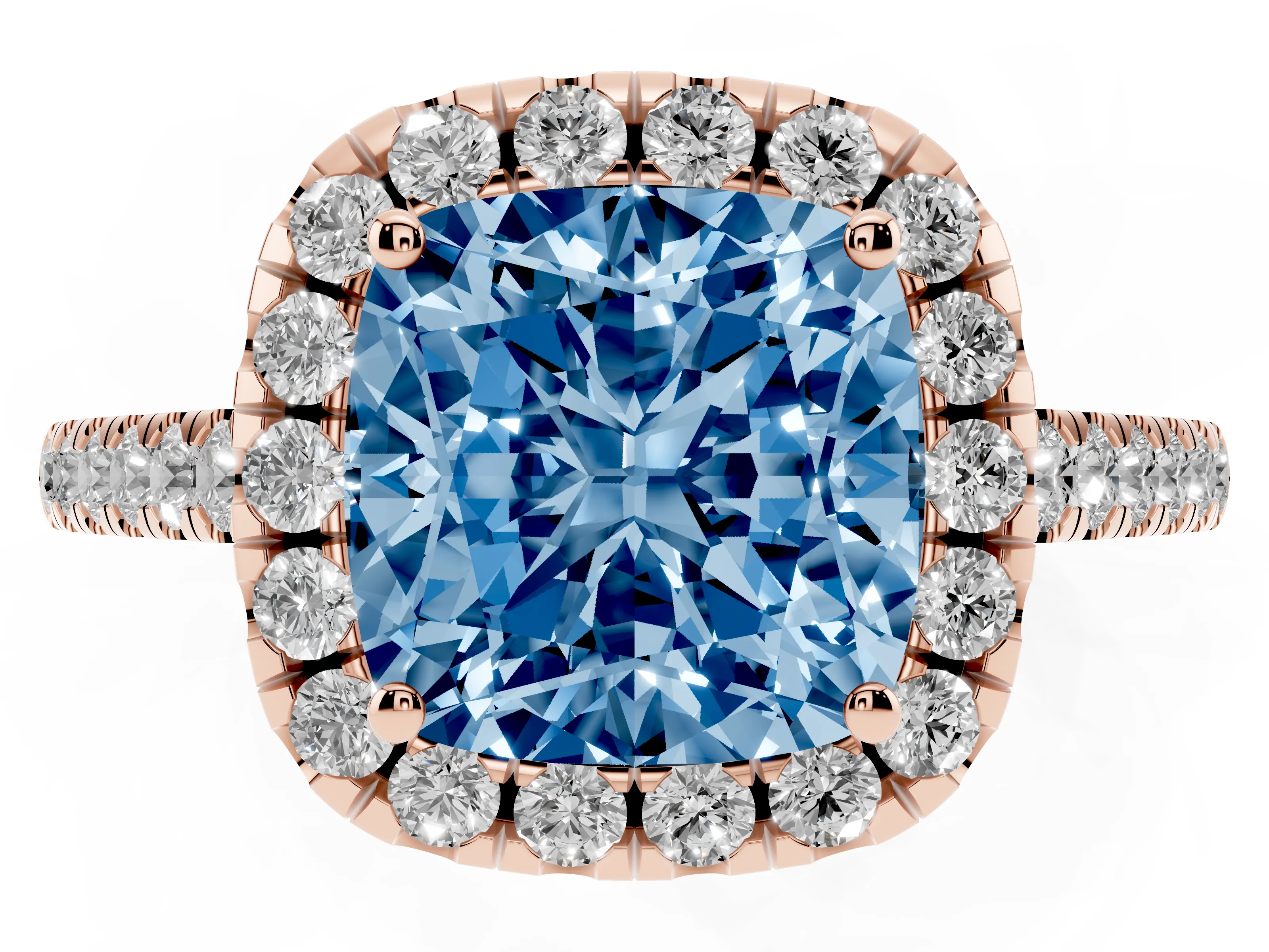 Fancy Blue Cushion Cut Diamond Pavé Halo Engagement Ring Set in Rose gold with Pavé Band and Prong Setting