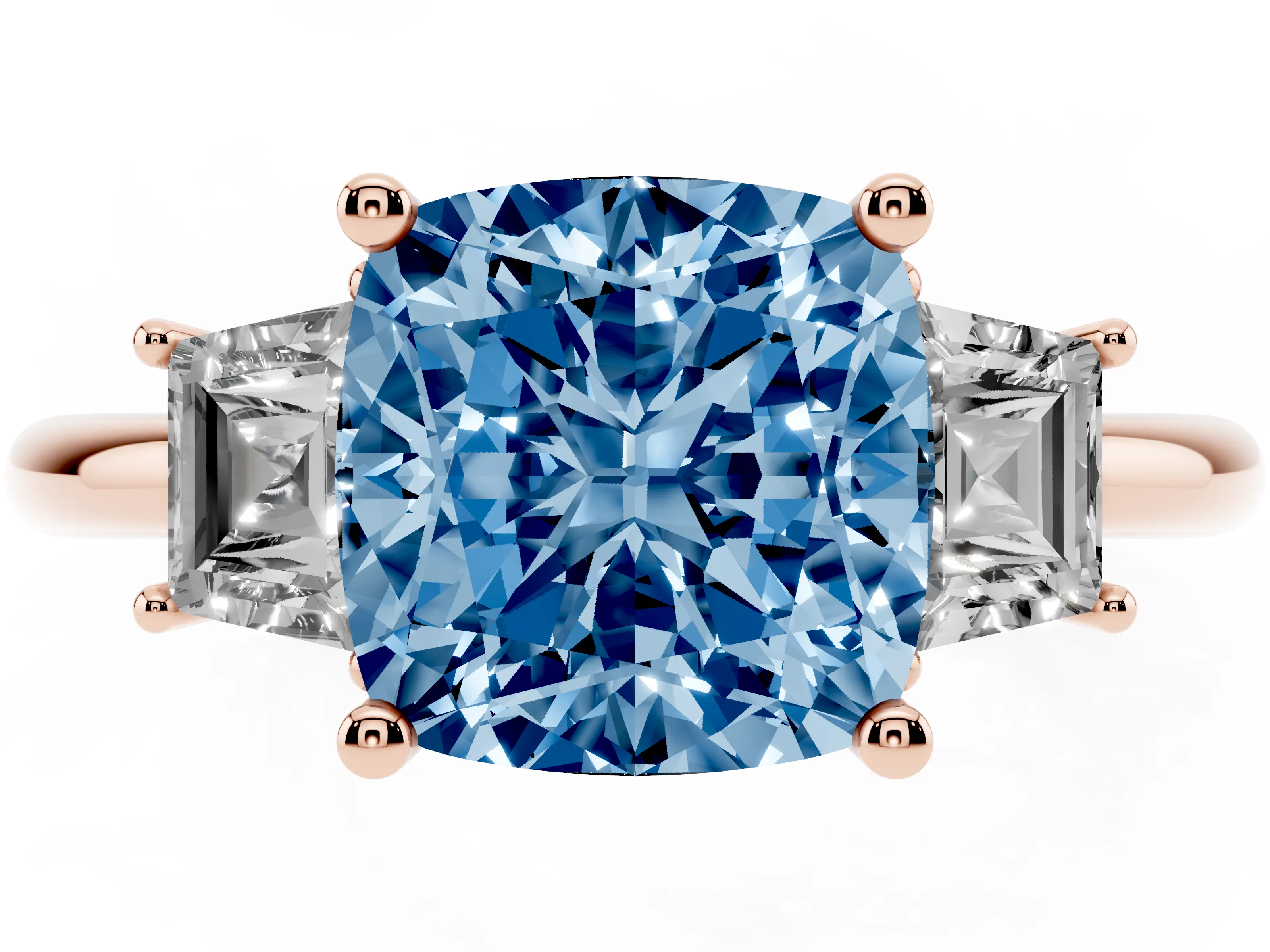 Fancy Blue Cushion Cut Diamond Three-Stone Ring Set in Rose gold with Trapezoid Side Stones and Prong Setting