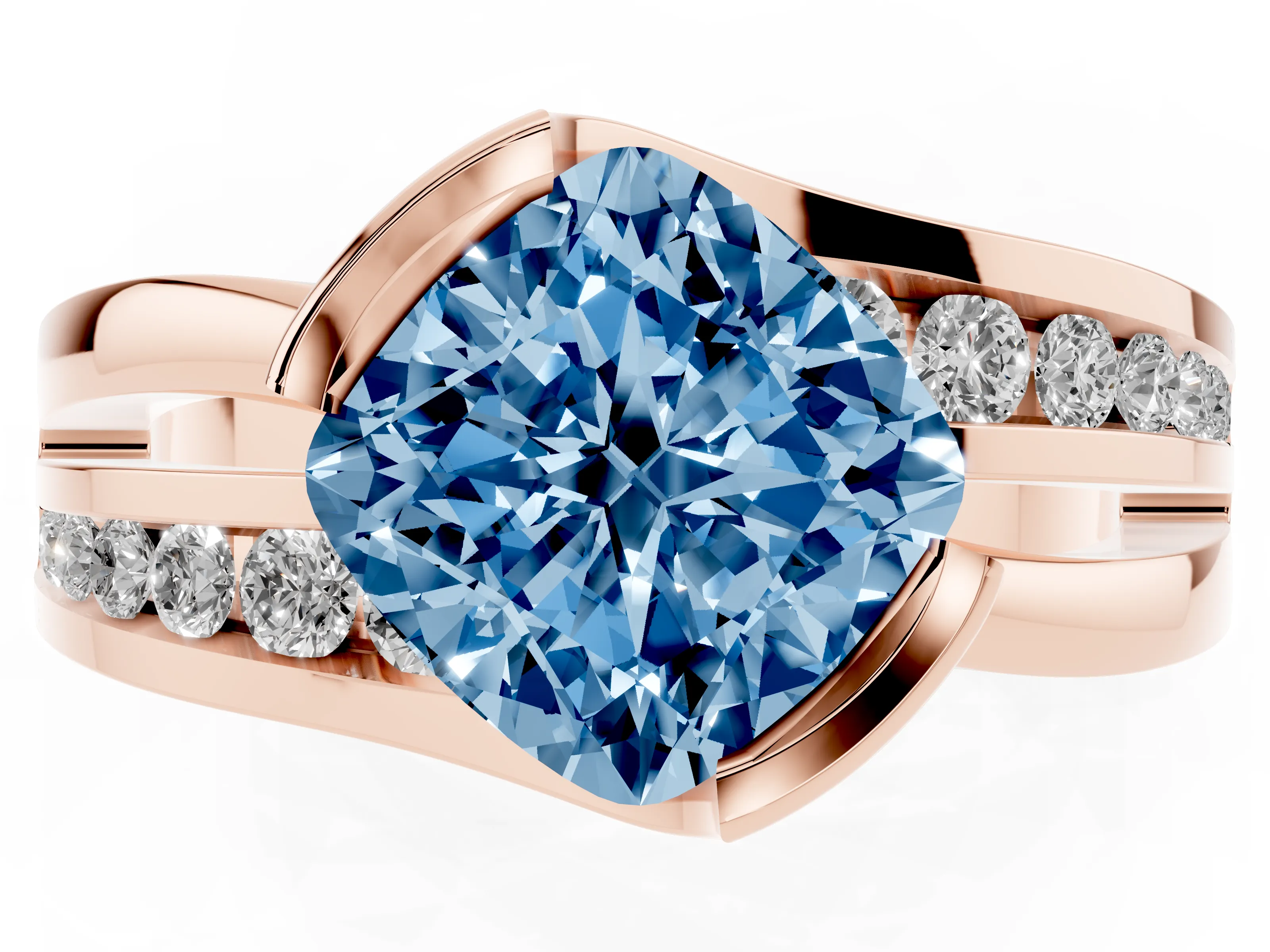 Fancy Blue Cushion Cut Diamond Solitaire Ring Set in Rose gold with Channel Set Split Shank and Tension Prongs