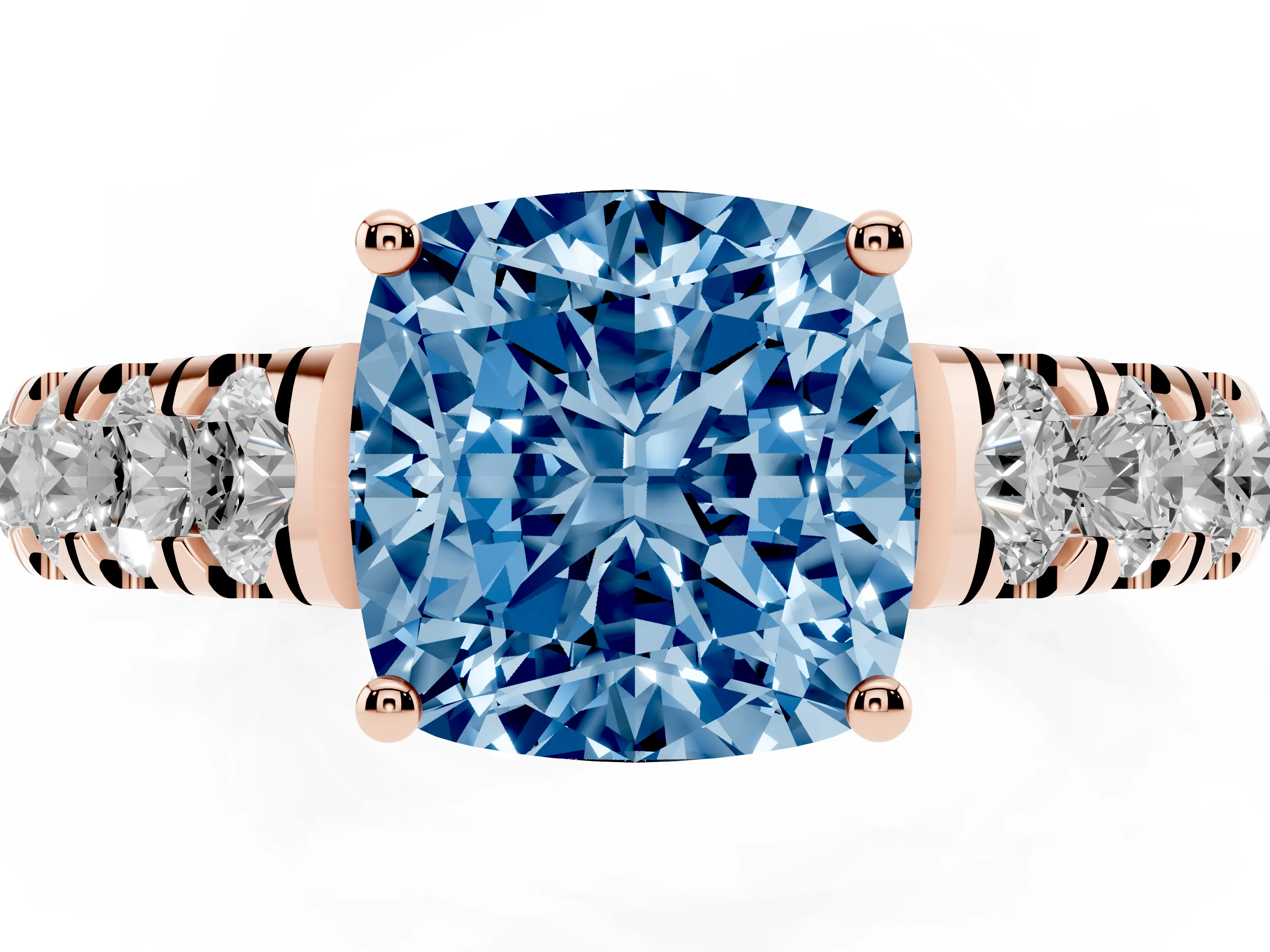 Fancy Blue Cushion Cut Diamond Solitaire Ring Set in Rose gold with Cut-Down Micro Pavé Band and Prong Setting