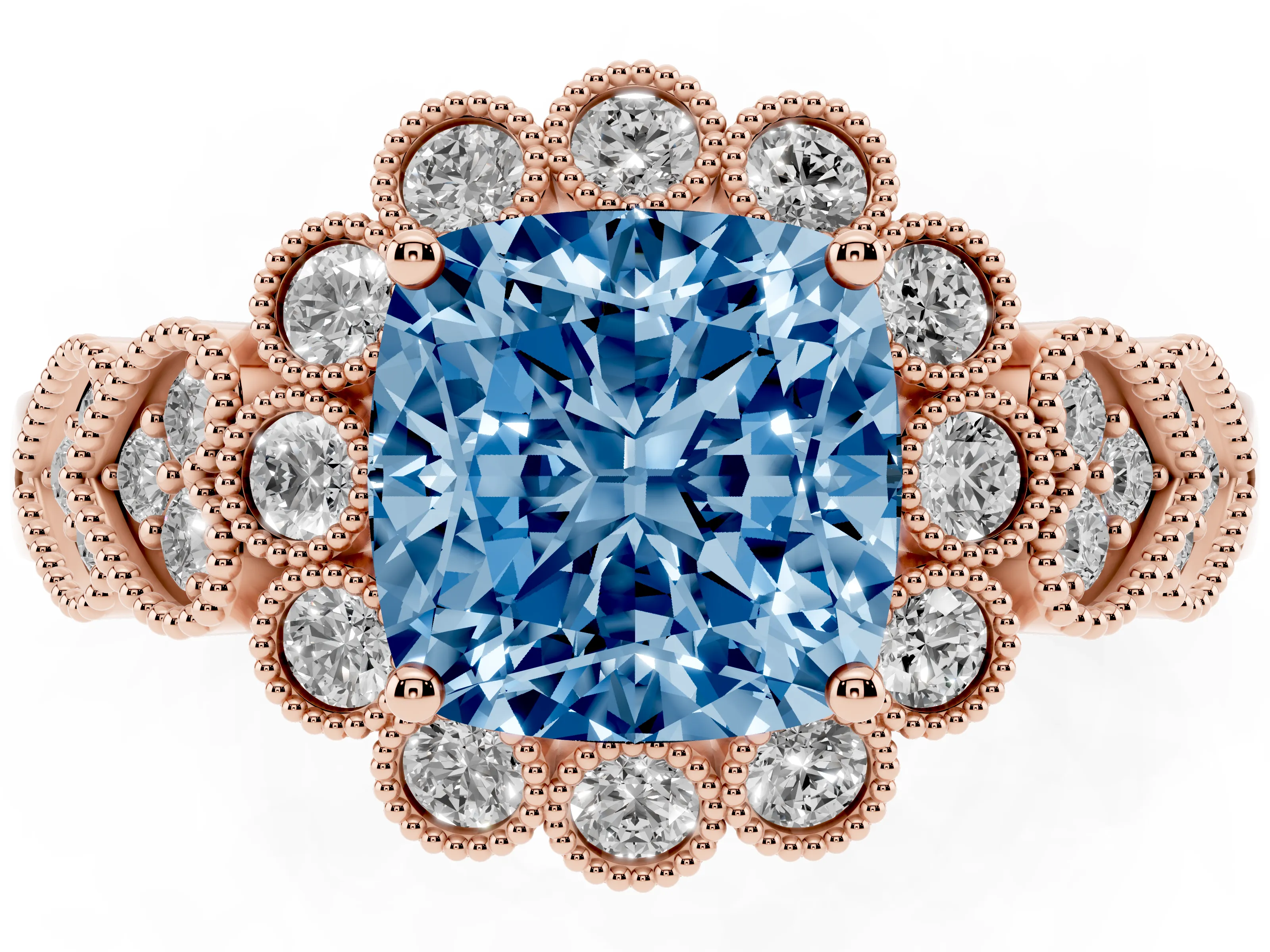 Fancy Blue Cushion Cut Diamond Solitaire Ring Set in Rose gold with Milgrain Pavé Heart Band